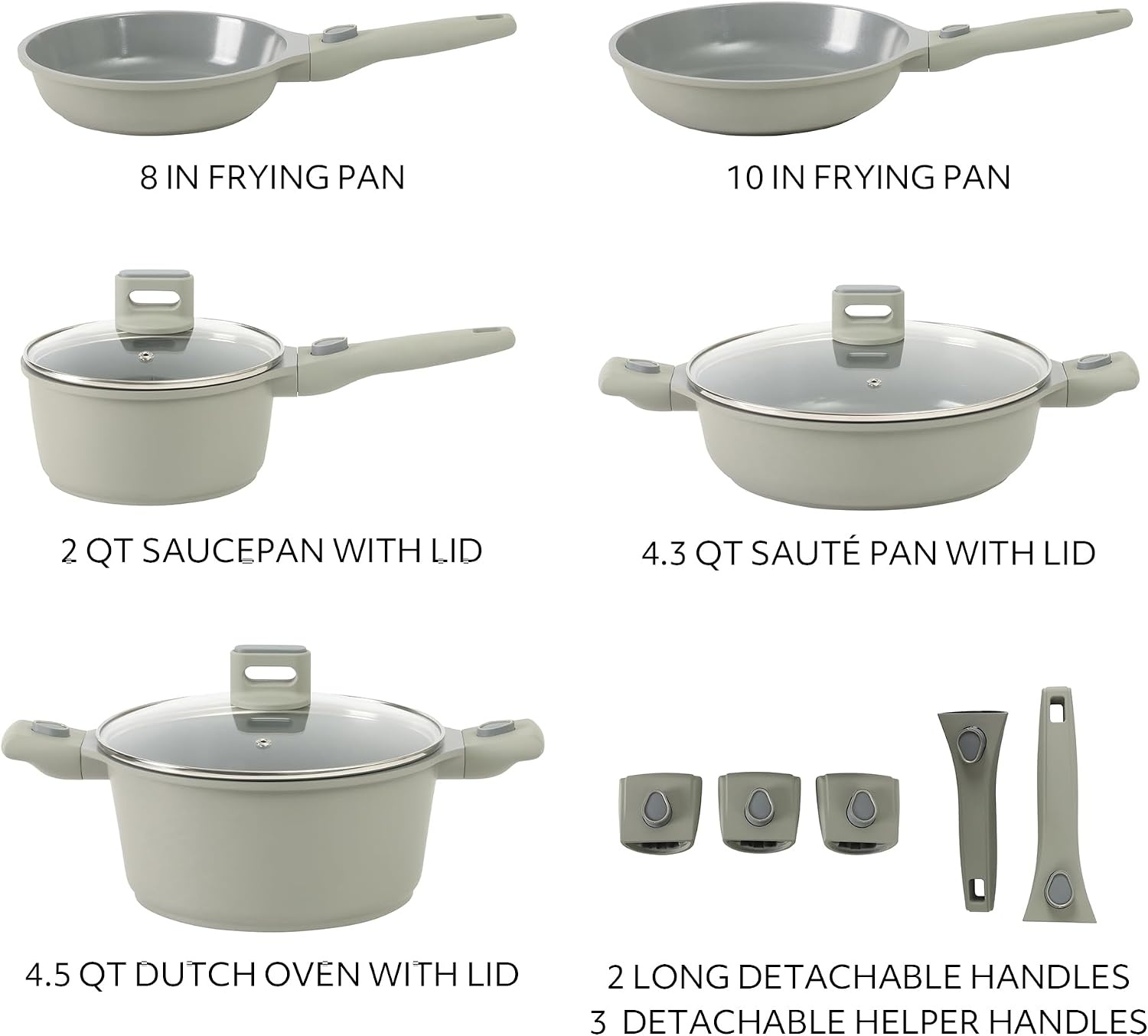 image:imageSur La Table Kitchen Essentials Craft Studio Cast Aluminum Detachable Handle 8 and 10 Inch Skillet Fry Pan Set wPFA Free Ceramic Non Stick Removable Handle Induction Safe Eggshell WhiteJuniper Green