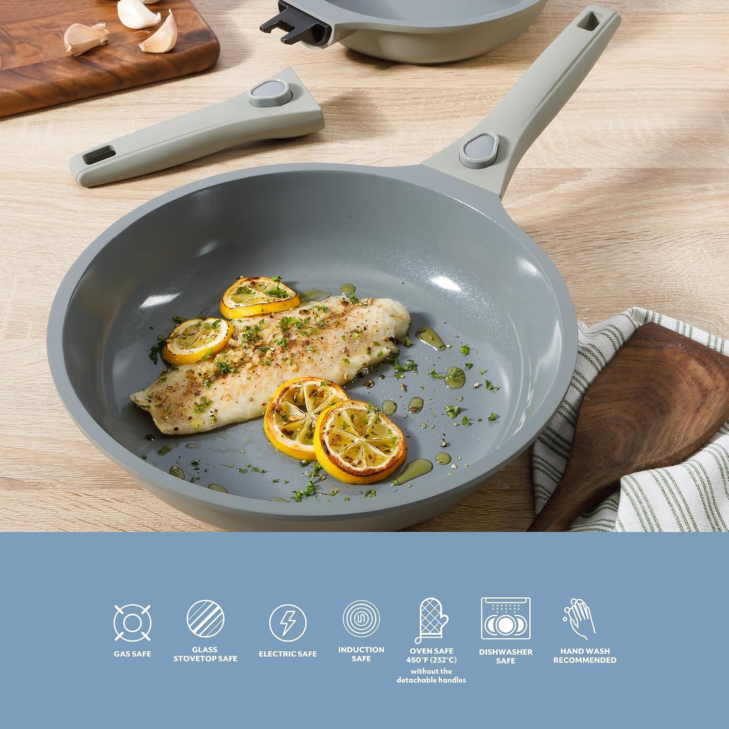 image:imageSur La Table Kitchen Essentials Craft Studio Cast Aluminum Detachable Handle 8 and 10 Inch Skillet Fry Pan Set wPFA Free Ceramic Non Stick Removable Handle Induction Safe Eggshell WhiteEggshell White Fry Pan