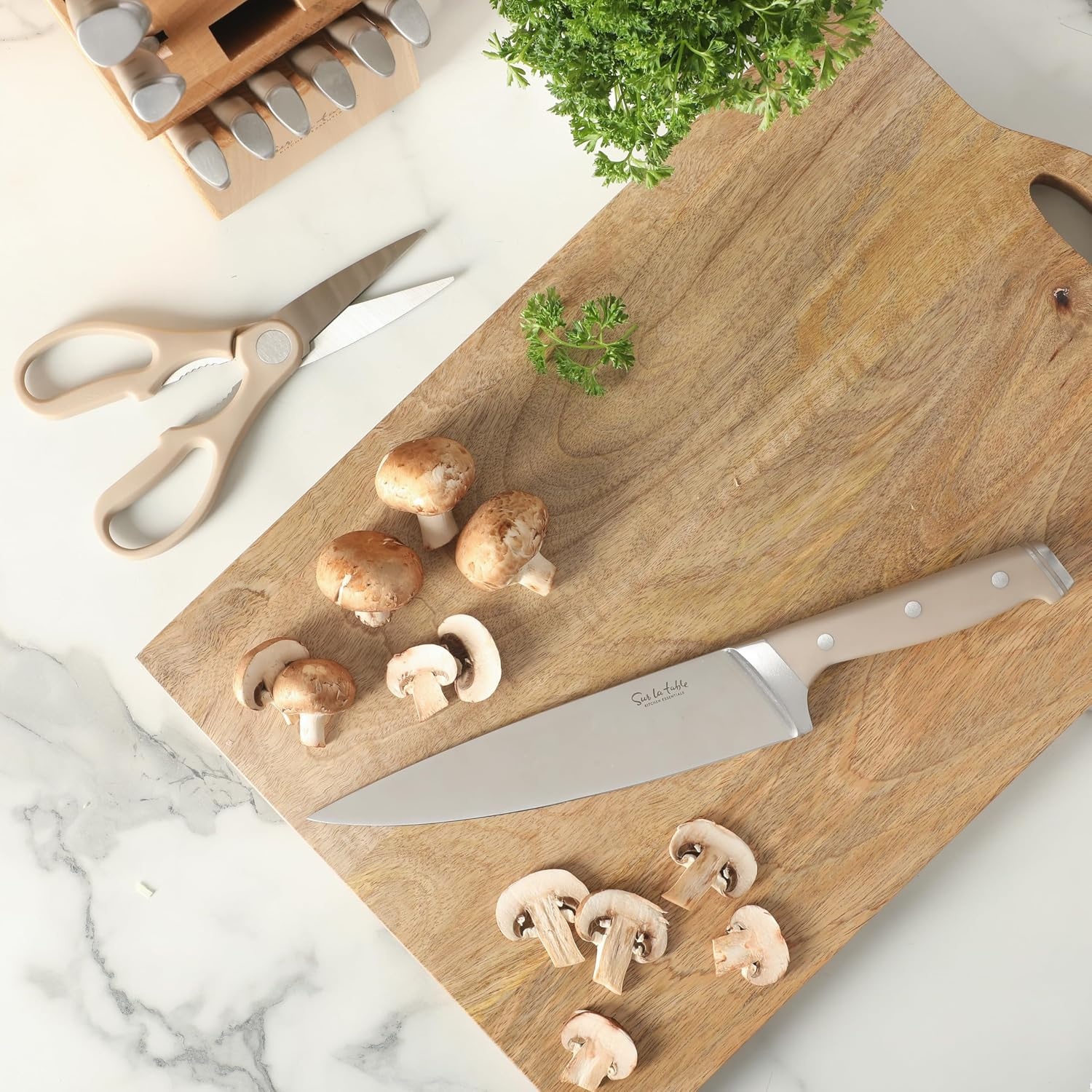 image:imageSur La Table Kitchen Essentials Knife Set with Block 14Piece Forged German Steel Kitchen Knives Beech Wood Block Chef Santoku Bread amp Steak Knives Shears amp Sharpener TaupeTaupe 14pc Set