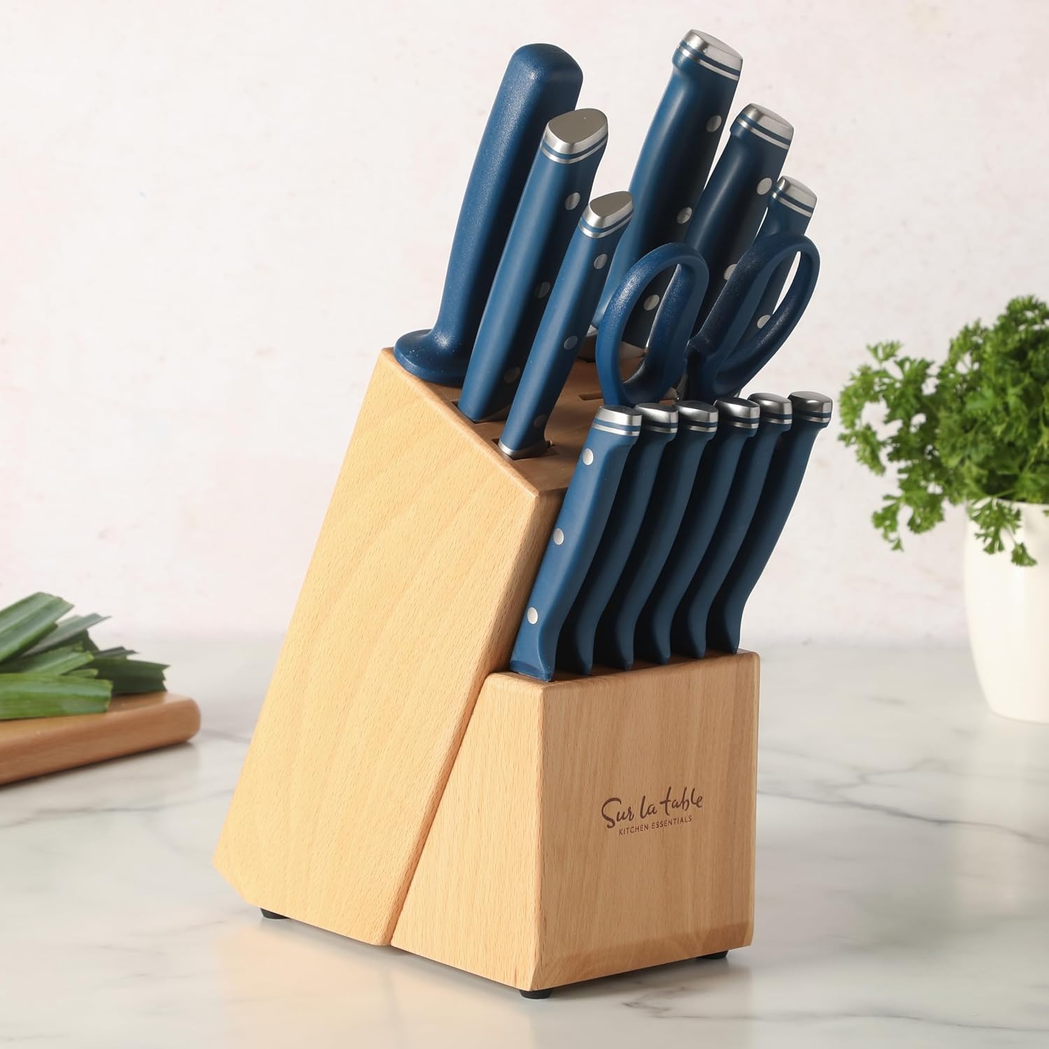 image:imageSur La Table Kitchen Essentials Knife Set with Block 14Piece Forged German Steel Kitchen Knives Beech Wood Block Chef Santoku Bread amp Steak Knives Shears amp Sharpener TaupeBlue 14pc Set