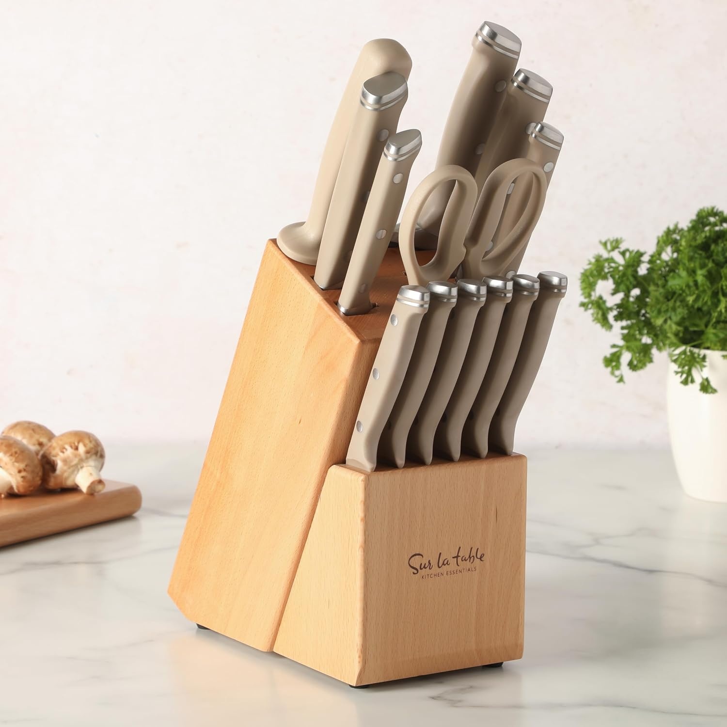 image:imageSur La Table Kitchen Essentials Knife Set with Block 14Piece Forged German Steel Kitchen Knives Beech Wood Block Chef Santoku Bread amp Steak Knives Shears amp Sharpener TaupeTaupe 14pc Set