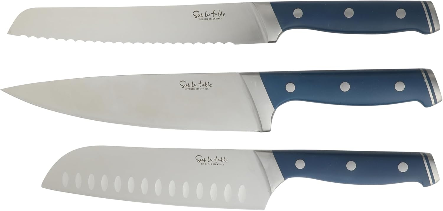 image:imageSur La Table Kitchen Essentials Knife Set with Block 14Piece Forged German Steel Kitchen Knives Beech Wood Block Chef Santoku Bread amp Steak Knives Shears amp Sharpener TaupeBlue 14pc Set