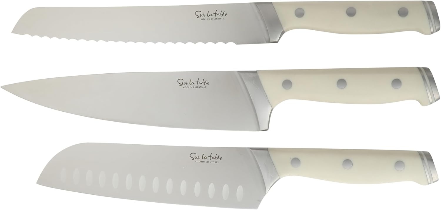 image:imageSur La Table Kitchen Essentials Knife Set with Block 14Piece Forged German Steel Kitchen Knives Beech Wood Block Chef Santoku Bread amp Steak Knives Shears amp Sharpener TaupeLinen White 14pc Set