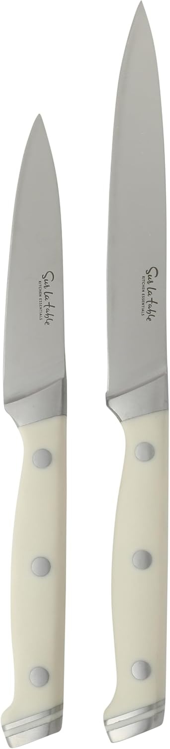 image:imageSur La Table Kitchen Essentials Knife Set with Block 14Piece Forged German Steel Kitchen Knives Beech Wood Block Chef Santoku Bread amp Steak Knives Shears amp Sharpener TaupeLinen White 14pc Set