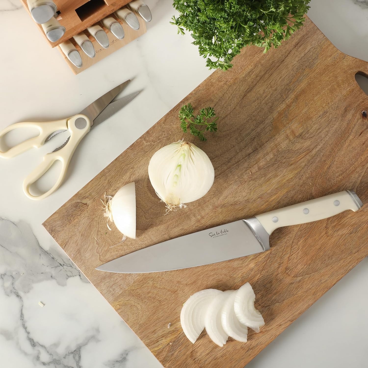 image:imageSur La Table Kitchen Essentials Knife Set with Block 14Piece Forged German Steel Kitchen Knives Beech Wood Block Chef Santoku Bread amp Steak Knives Shears amp Sharpener TaupeLinen White 14pc Set