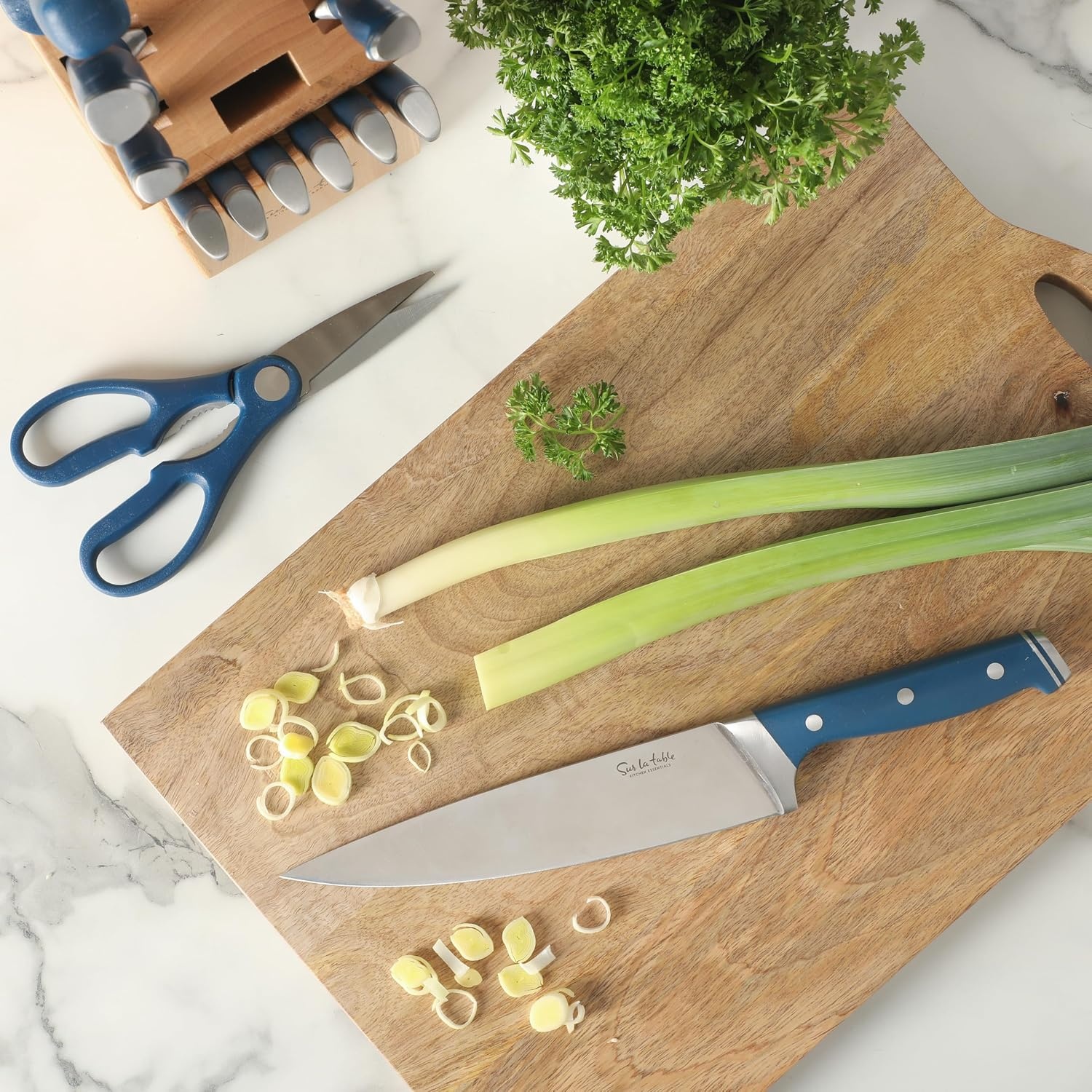 image:imageSur La Table Kitchen Essentials Knife Set with Block 14Piece Forged German Steel Kitchen Knives Beech Wood Block Chef Santoku Bread amp Steak Knives Shears amp Sharpener TaupeBlue 14pc Set