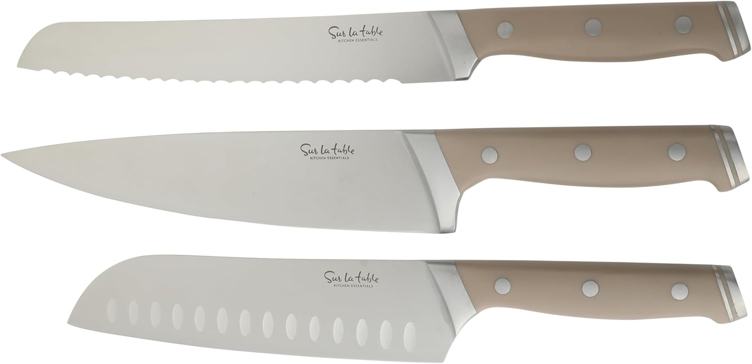 image:imageSur La Table Kitchen Essentials Knife Set with Block 14Piece Forged German Steel Kitchen Knives Beech Wood Block Chef Santoku Bread amp Steak Knives Shears amp Sharpener TaupeTaupe 14pc Set