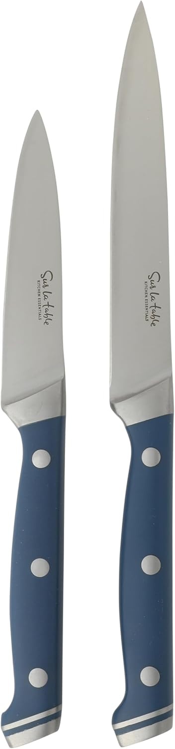 image:imageSur La Table Kitchen Essentials Knife Set with Block 14Piece Forged German Steel Kitchen Knives Beech Wood Block Chef Santoku Bread amp Steak Knives Shears amp Sharpener TaupeBlue 14pc Set
