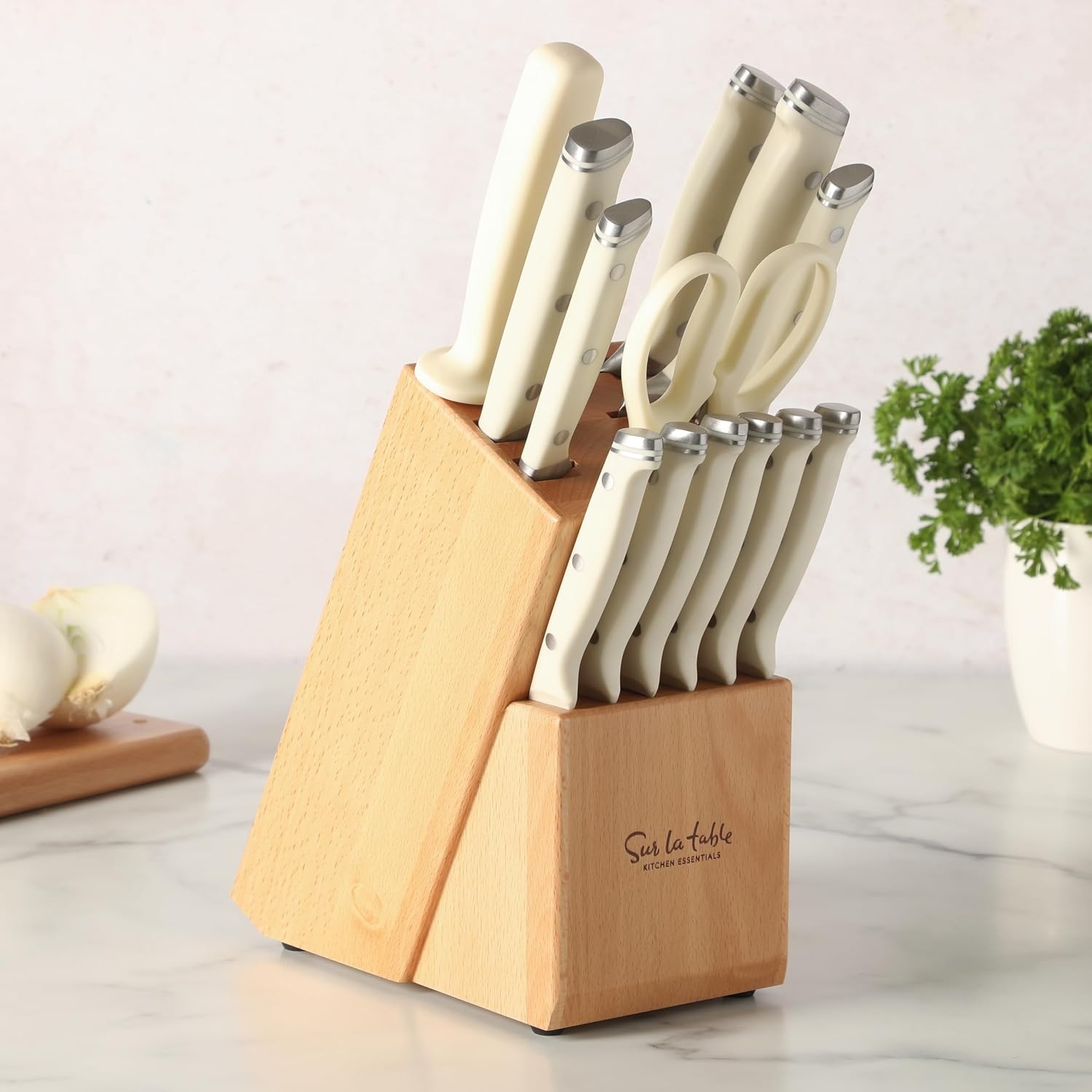 image:imageSur La Table Kitchen Essentials Knife Set with Block 14Piece Forged German Steel Kitchen Knives Beech Wood Block Chef Santoku Bread amp Steak Knives Shears amp Sharpener TaupeLinen White 14pc Set