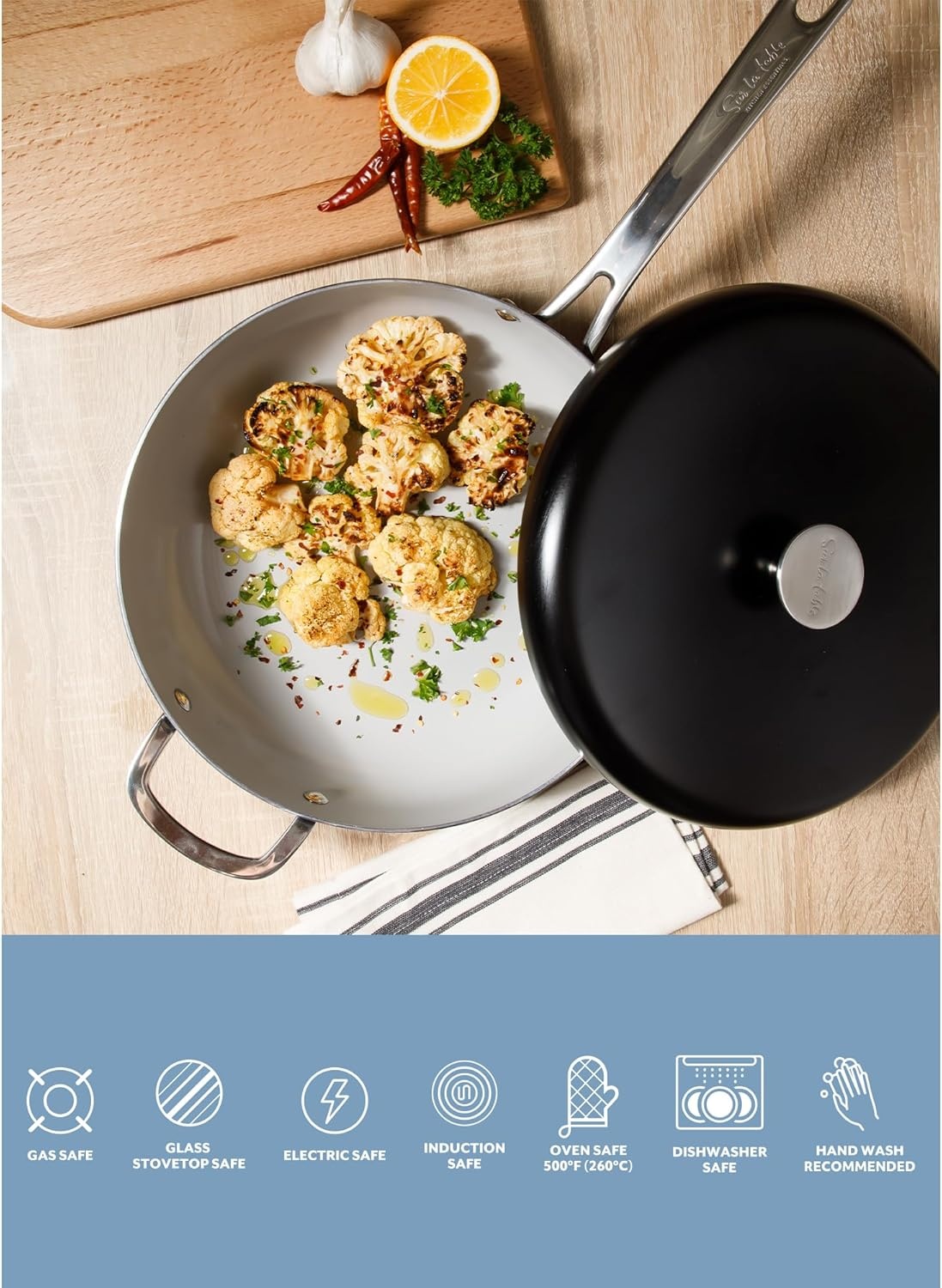 image:imageSur La Table Kitchen Essentials Potluck Porch 45 Quart Saut Pan Deep Frying Pan Skillet wLid Aluminum PFA Free Ceramic Cookware Chefs Pan Omelet Pan Induction BlackBlack