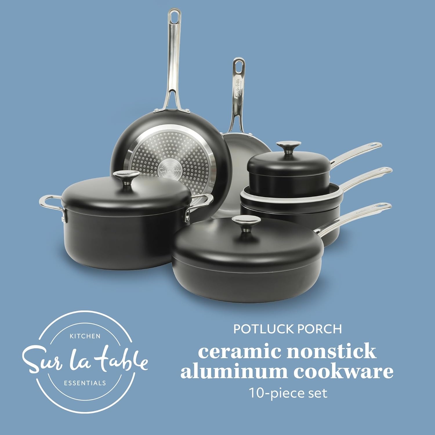 image:imageSur La Table Kitchen Essentials Potluck Porch 45 Quart Saut Pan Deep Frying Pan Skillet wLid Aluminum PFA Free Ceramic Cookware Chefs Pan Omelet Pan Induction BlackBlack