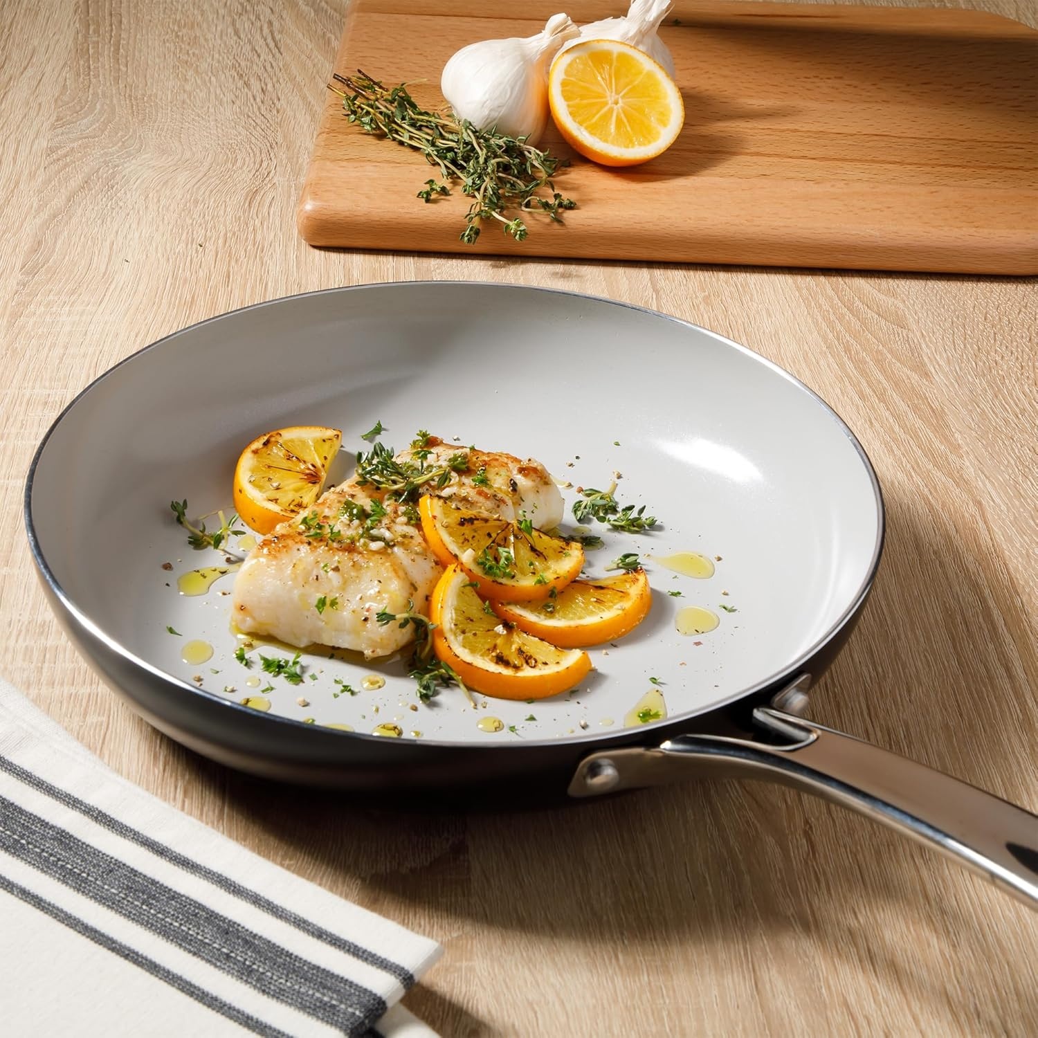image:imageSur La Table Kitchen Essentials Potluck Porch 45 Quart Saut Pan Deep Frying Pan Skillet wLid Aluminum PFA Free Ceramic Cookware Chefs Pan Omelet Pan Induction BlackBlack