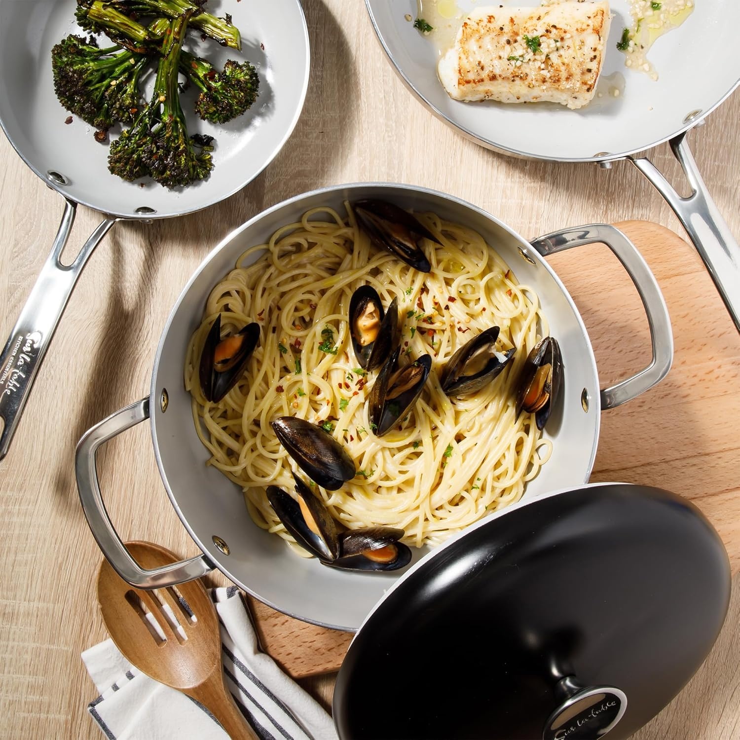 image:imageSur La Table Kitchen Essentials Potluck Porch 45 Quart Saut Pan Deep Frying Pan Skillet wLid Aluminum PFA Free Ceramic Cookware Chefs Pan Omelet Pan Induction BlackBlack