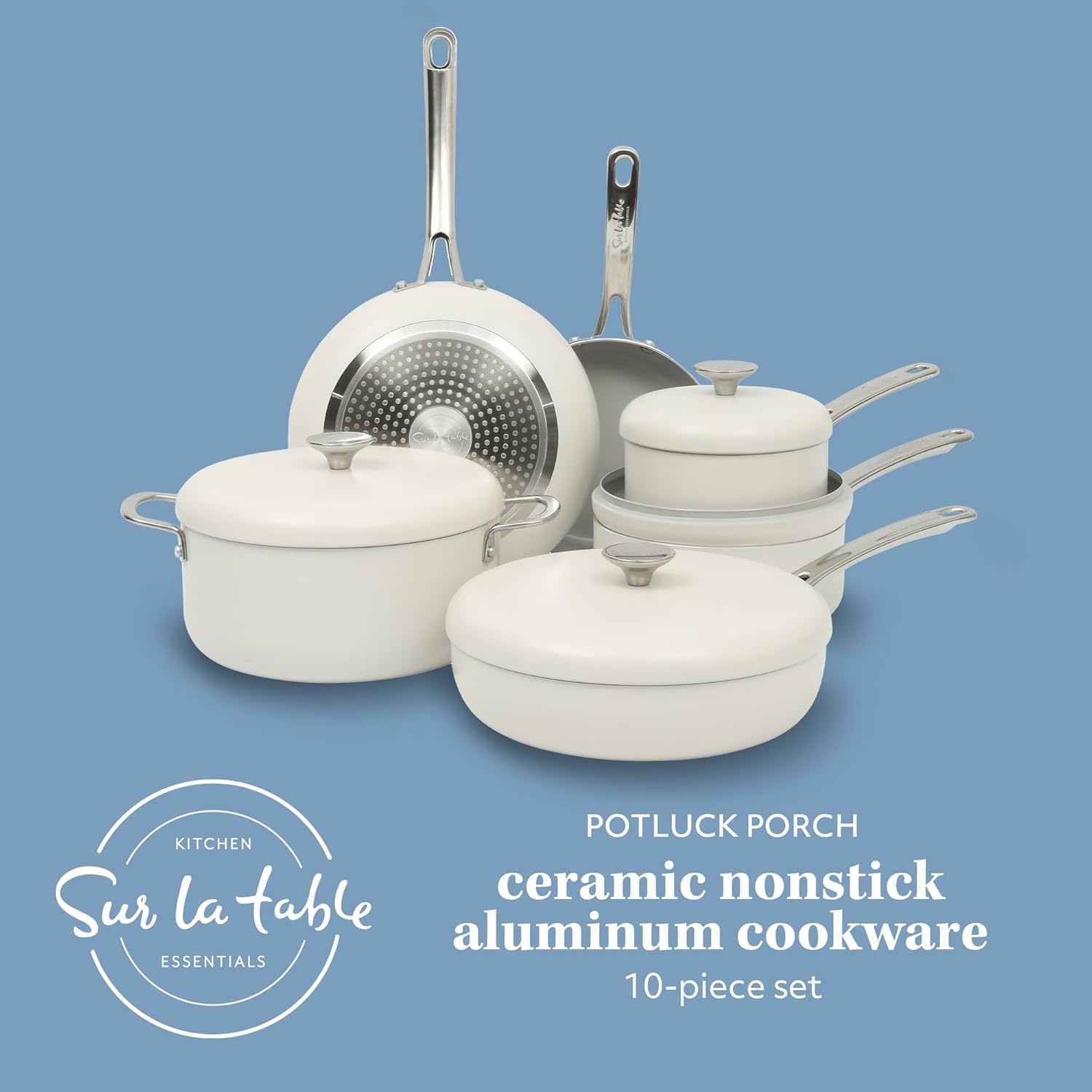 image:imageSur La Table Kitchen Essentials Potluck Porch 45 Quart Saut Pan Deep Frying Pan Skillet wLid Aluminum PFA Free Ceramic Cookware Chefs Pan Omelet Pan Induction BlackLinen White