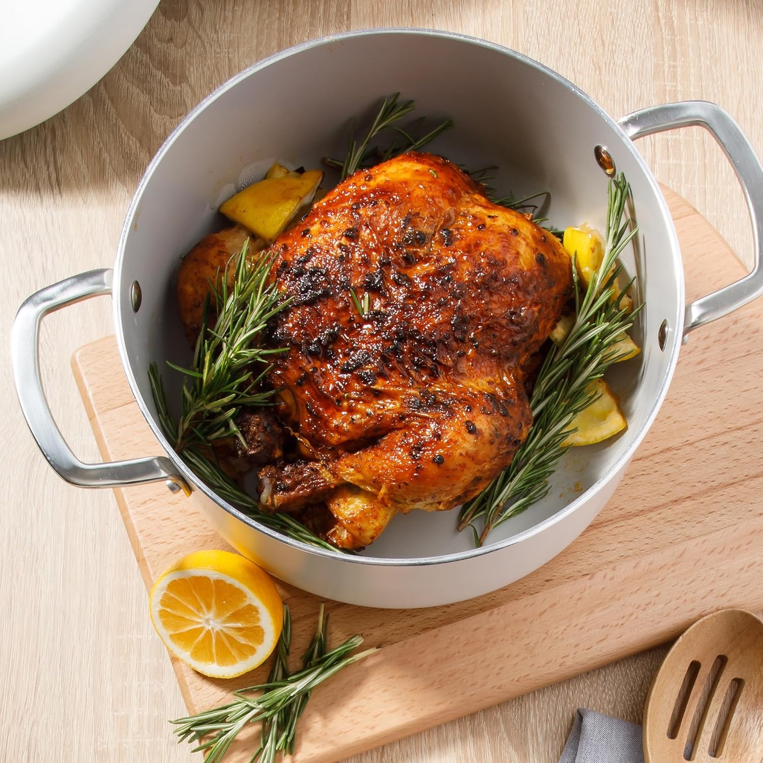 image:imageSur La Table Kitchen Essentials Potluck Porch 45 Quart Saut Pan Deep Frying Pan Skillet wLid Aluminum PFA Free Ceramic Cookware Chefs Pan Omelet Pan Induction BlackLinen White