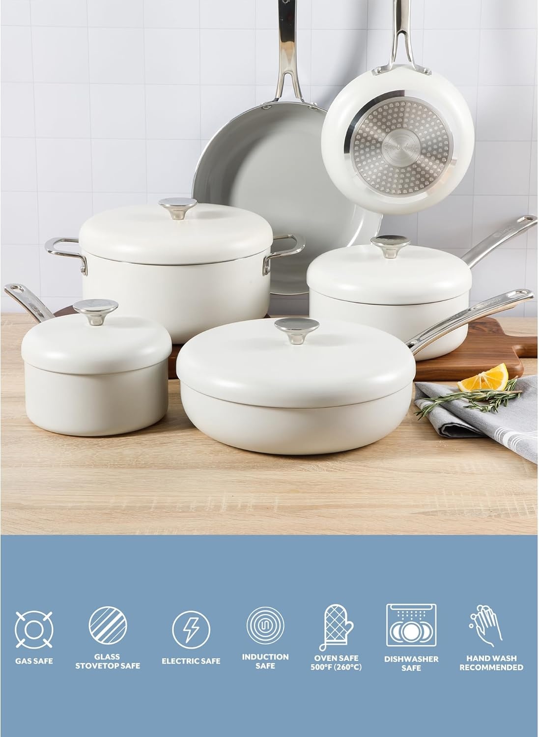 image:imageSur La Table Kitchen Essentials Potluck Porch 45 Quart Saut Pan Deep Frying Pan Skillet wLid Aluminum PFA Free Ceramic Cookware Chefs Pan Omelet Pan Induction BlackLinen White