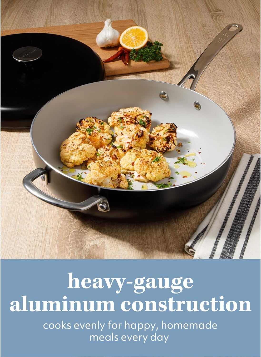 image:imageSur La Table Kitchen Essentials Potluck Porch 45 Quart Saut Pan Deep Frying Pan Skillet wLid Aluminum PFA Free Ceramic Cookware Chefs Pan Omelet Pan Induction BlackBlack