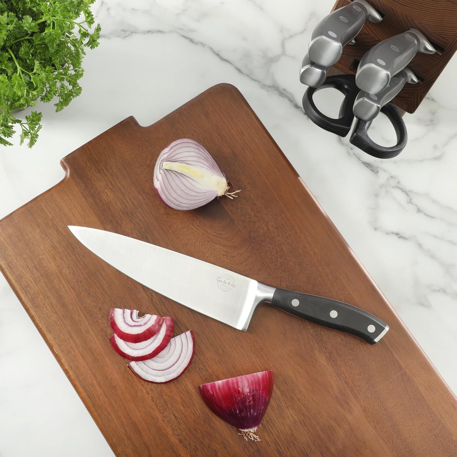 image:imageSur La Table Kitchen Essentials Tasting Kitchen HighCarbon German Steel 7 Piece Full Tang Forged Cutlery Knife Block Set Black WAshwood BlockBlack
