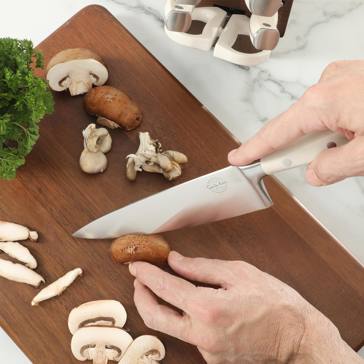 image:imageSur La Table Kitchen Essentials Tasting Kitchen HighCarbon German Steel 7 Piece Full Tang Forged Cutlery Knife Block Set Black WAshwood BlockEggshell White w Ashwood Block