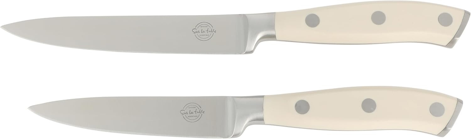 image:imageSur La Table Kitchen Essentials Tasting Kitchen HighCarbon German Steel 7 Piece Full Tang Forged Cutlery Knife Block Set Black WAshwood BlockEggshell White w Ashwood Block