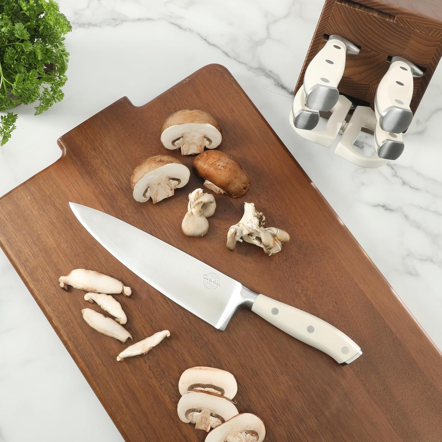image:imageSur La Table Kitchen Essentials Tasting Kitchen HighCarbon German Steel 7 Piece Full Tang Forged Cutlery Knife Block Set Black WAshwood BlockEggshell White w Ashwood Block