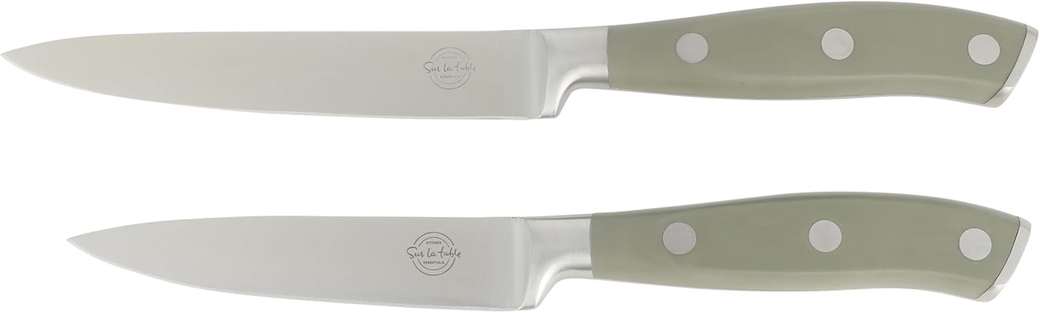 image:imageSur La Table Kitchen Essentials Tasting Kitchen HighCarbon German Steel 7 Piece Full Tang Forged Cutlery Knife Block Set Black WAshwood BlockJuniper Green w Ashwood Block