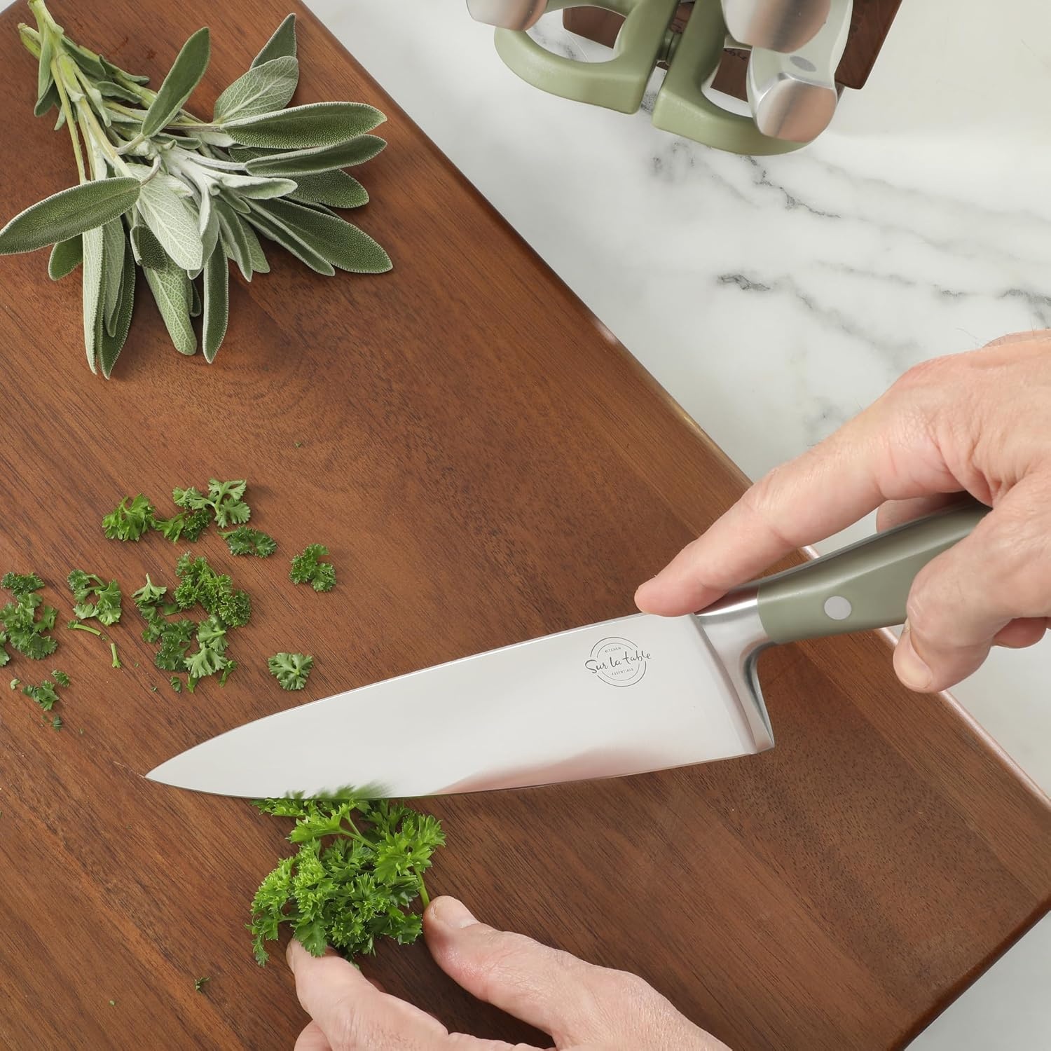 image:imageSur La Table Kitchen Essentials Tasting Kitchen HighCarbon German Steel 7 Piece Full Tang Forged Cutlery Knife Block Set Black WAshwood BlockJuniper Green w Ashwood Block