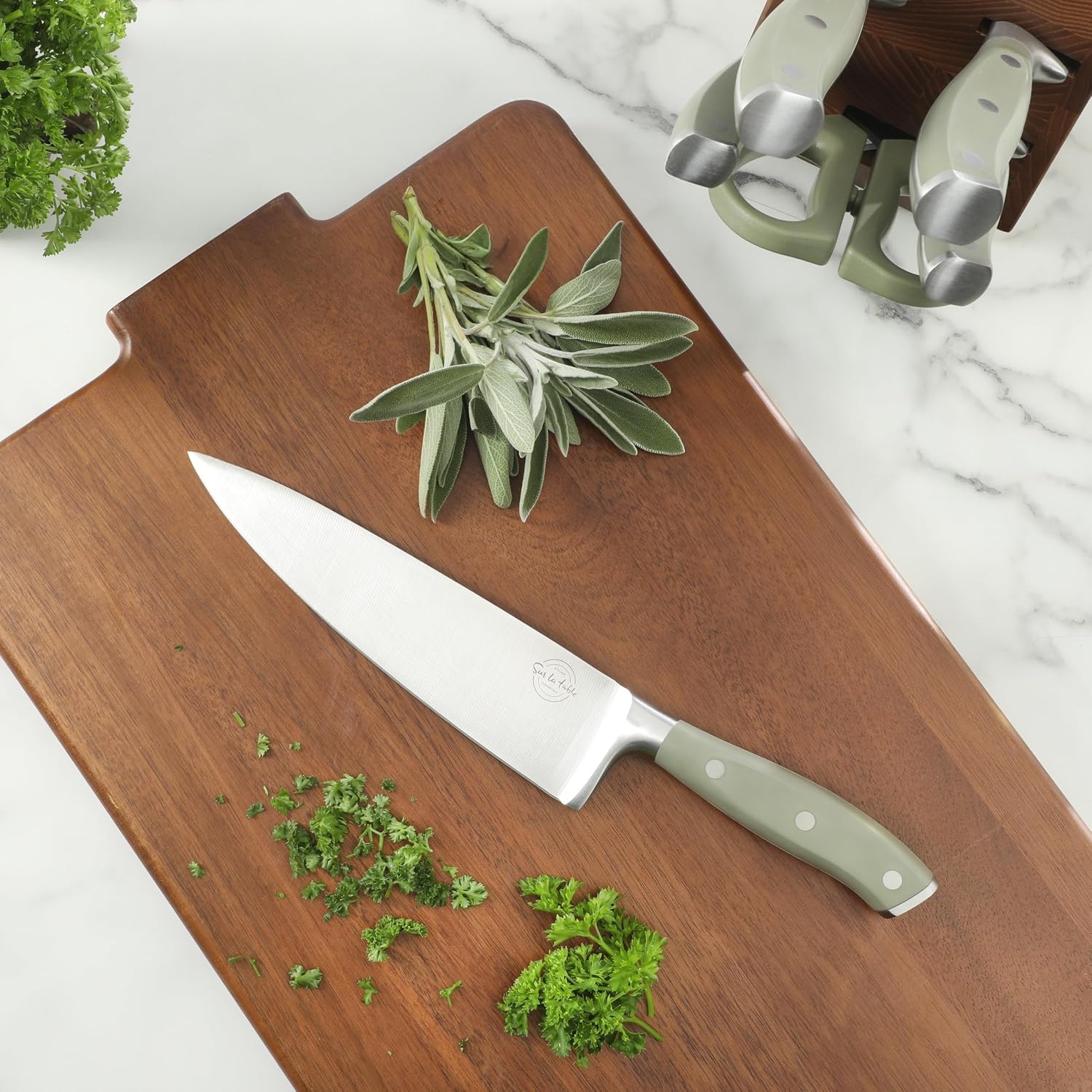image:imageSur La Table Kitchen Essentials Tasting Kitchen HighCarbon German Steel 7 Piece Full Tang Forged Cutlery Knife Block Set Black WAshwood BlockJuniper Green w Ashwood Block