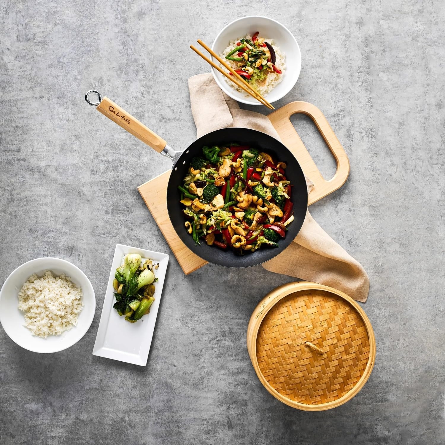 image:imageSur La Table Nonstick Wok 12 in Hard Anodized Wok with Maple Handle for StirFrying Steaming and Tossing 12 in
