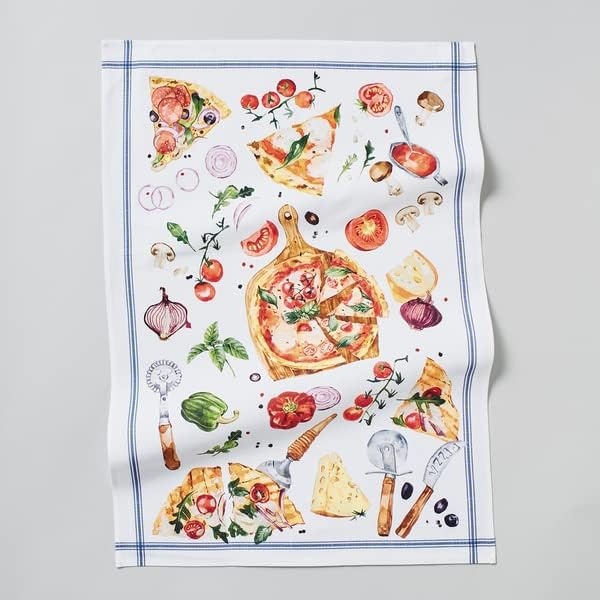 image:imageSur La Table Pizza Kitchen Towel Illustrated Cotton Towel with Classic Pizza and Trattoria Design