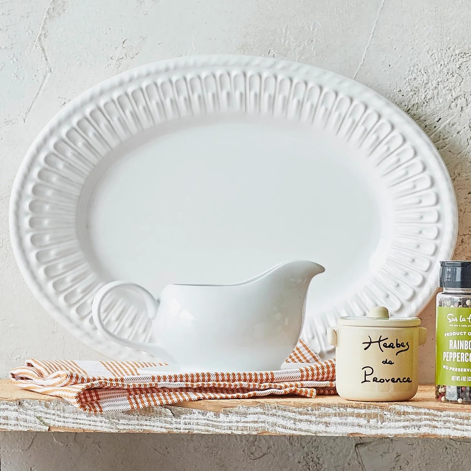image:imageSur La Table Porcelain Gravy Boat with Saucer Classic White Lidded Vessel and DripCatching Saucer for Table Service