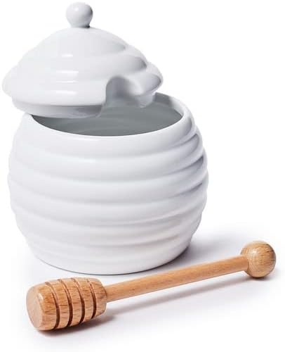 image:imageSur La Table Porcelain Honey Pot Lidded White Porcelain Honey Jar with Dipper for Counter Storage and Table Service