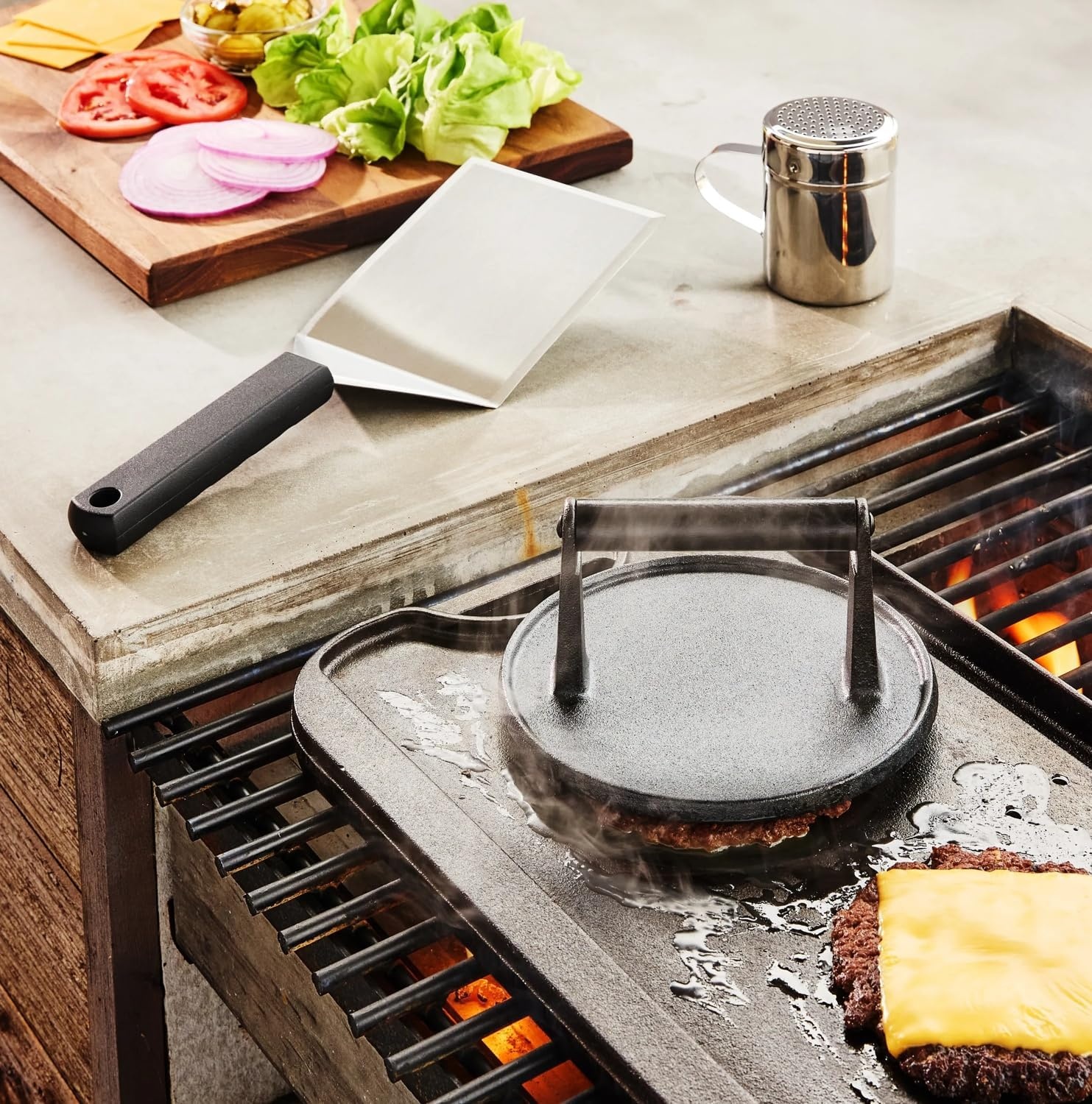 image:imageSur La Table Smash Burger Kit Heavy Cast Iron Press for Crispy Crust Patties Oversized Beveled Spatula Spice Shaker 2 Recipe Cards Premium Grill amp Griddle Cooking Set