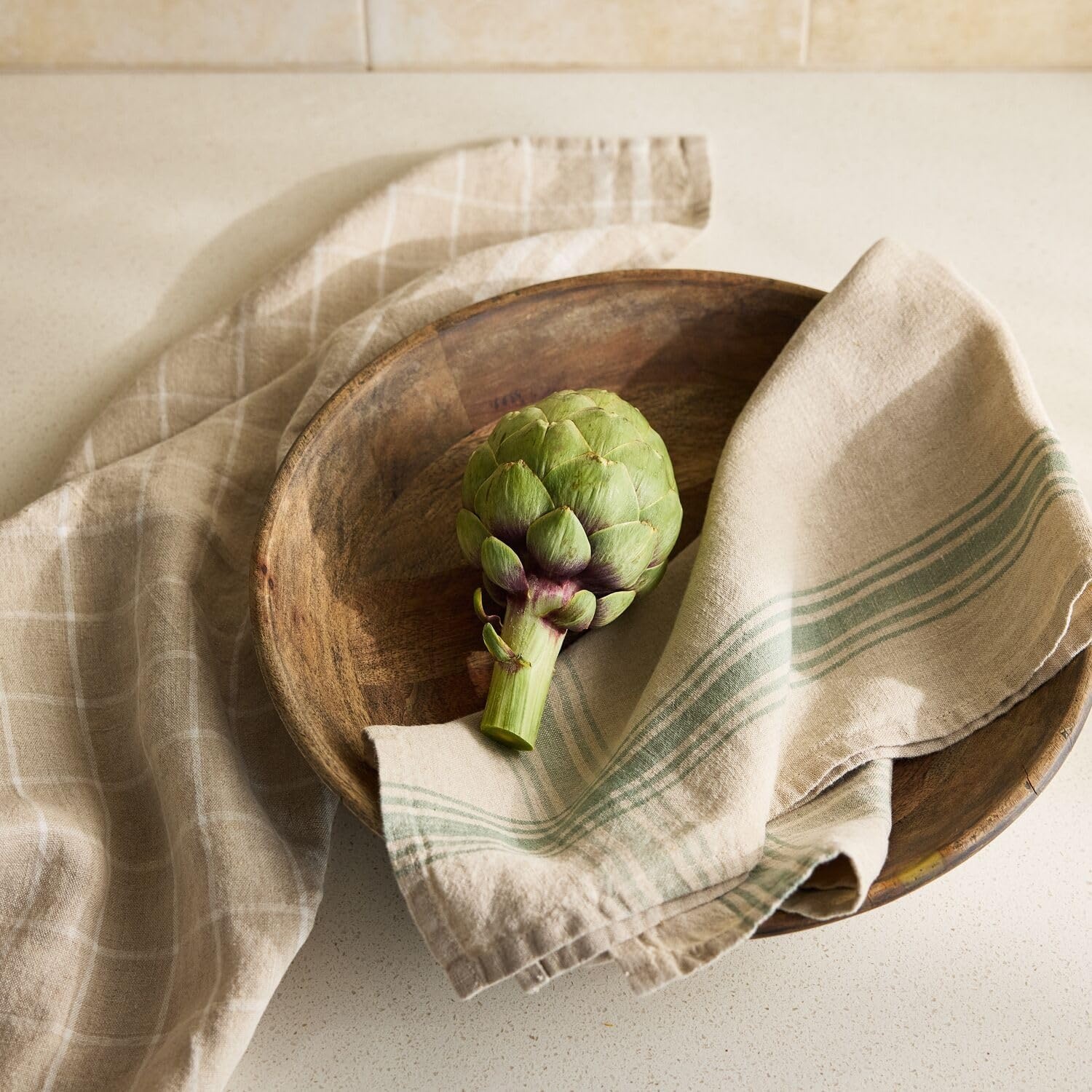 image:imageSur La Table Windowpane Linen Stripe Towels Set of 2 Green