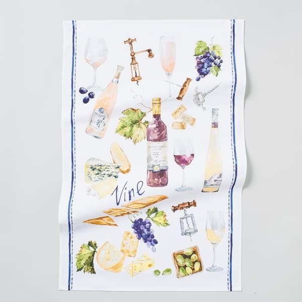 image:imageSur La Table Wine Kitchen Towel Illustrated Cotton Towel with Vineyard and Wine Design for Kitchen and Dining