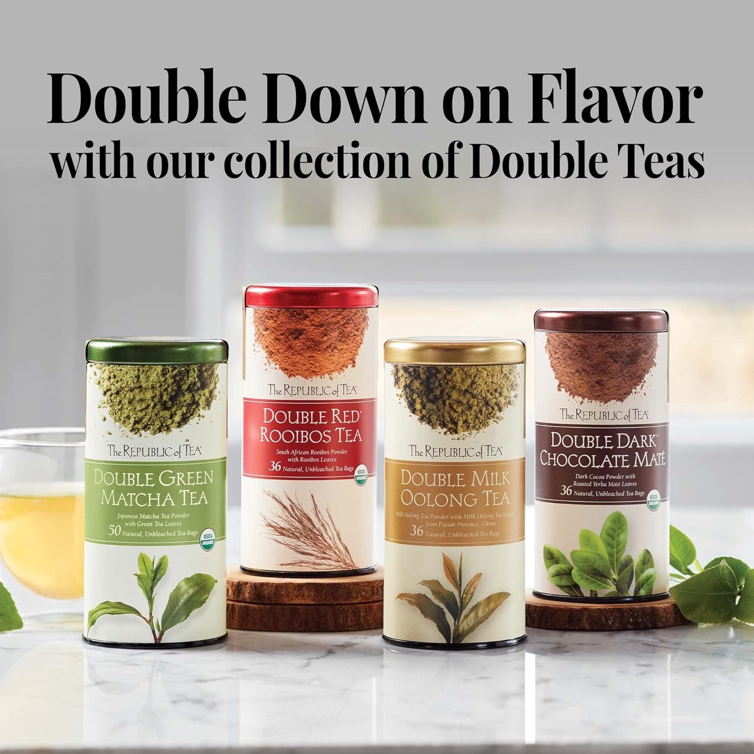 image:imageThe Republic of Tea Organic Double Green Matcha Individual Tea Bags with Japanese Matcha Tea Powder and Green Tea Leaves Blend Natural Unbleached Bags in Reusable Tin Canister 50 Tea Bags100 Tea Bags