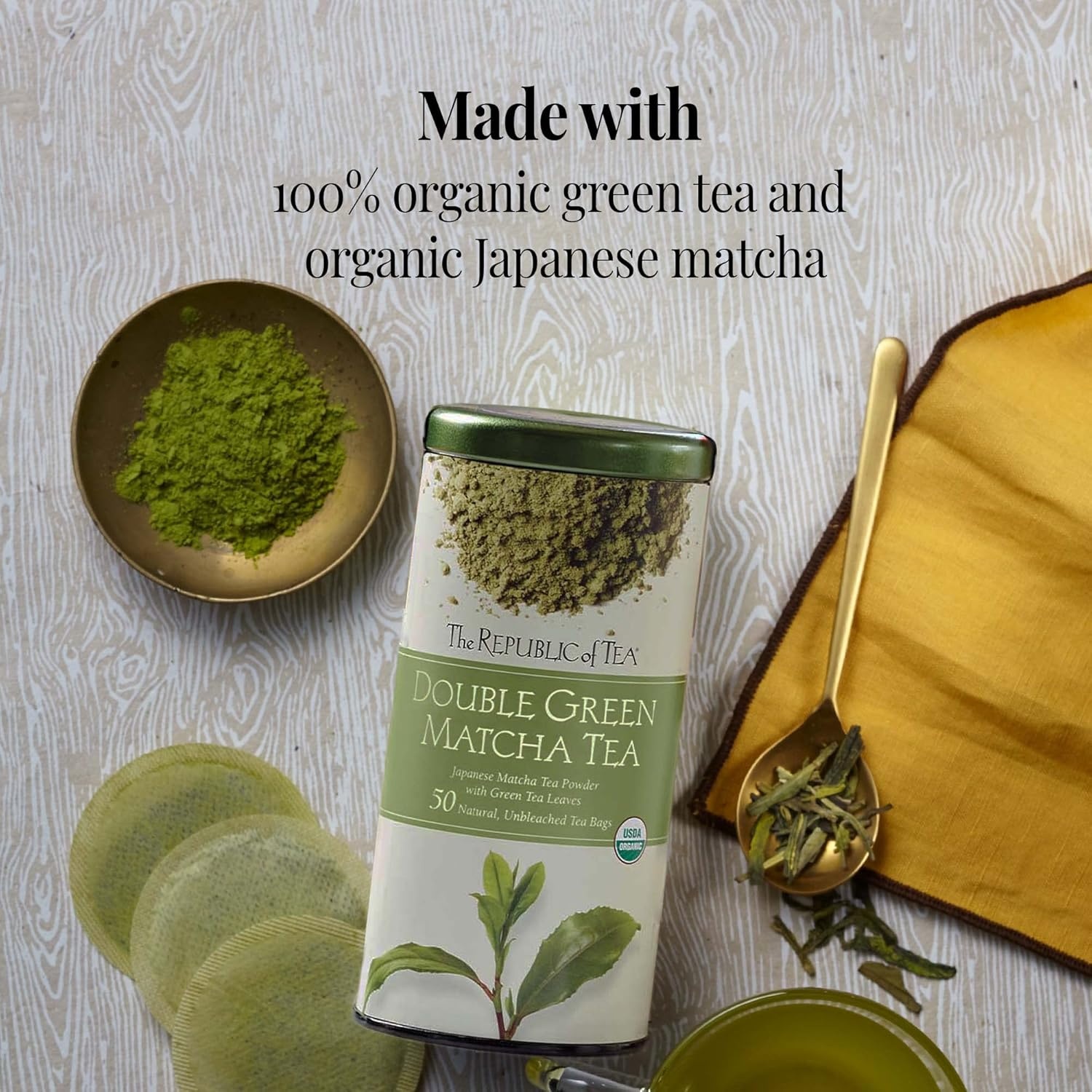 image:imageThe Republic of Tea Organic Double Green Matcha Individual Tea Bags with Japanese Matcha Tea Powder and Green Tea Leaves Blend Natural Unbleached Bags in Reusable Tin Canister 50 Tea Bags250 Count Pack of 1