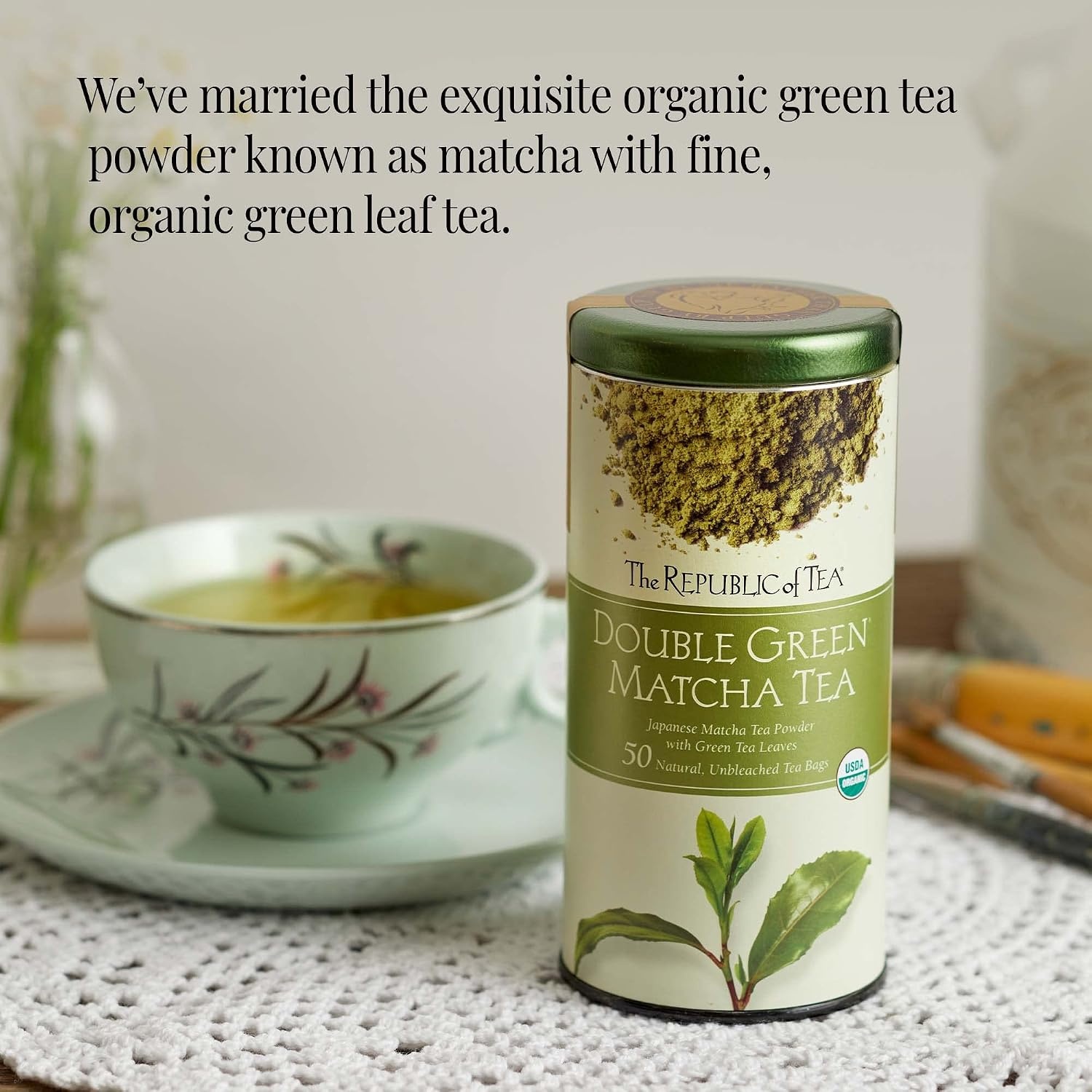 image:imageThe Republic of Tea Organic Double Green Matcha Individual Tea Bags with Japanese Matcha Tea Powder and Green Tea Leaves Blend Natural Unbleached Bags in Reusable Tin Canister 50 Tea Bags250 Count Pack of 1