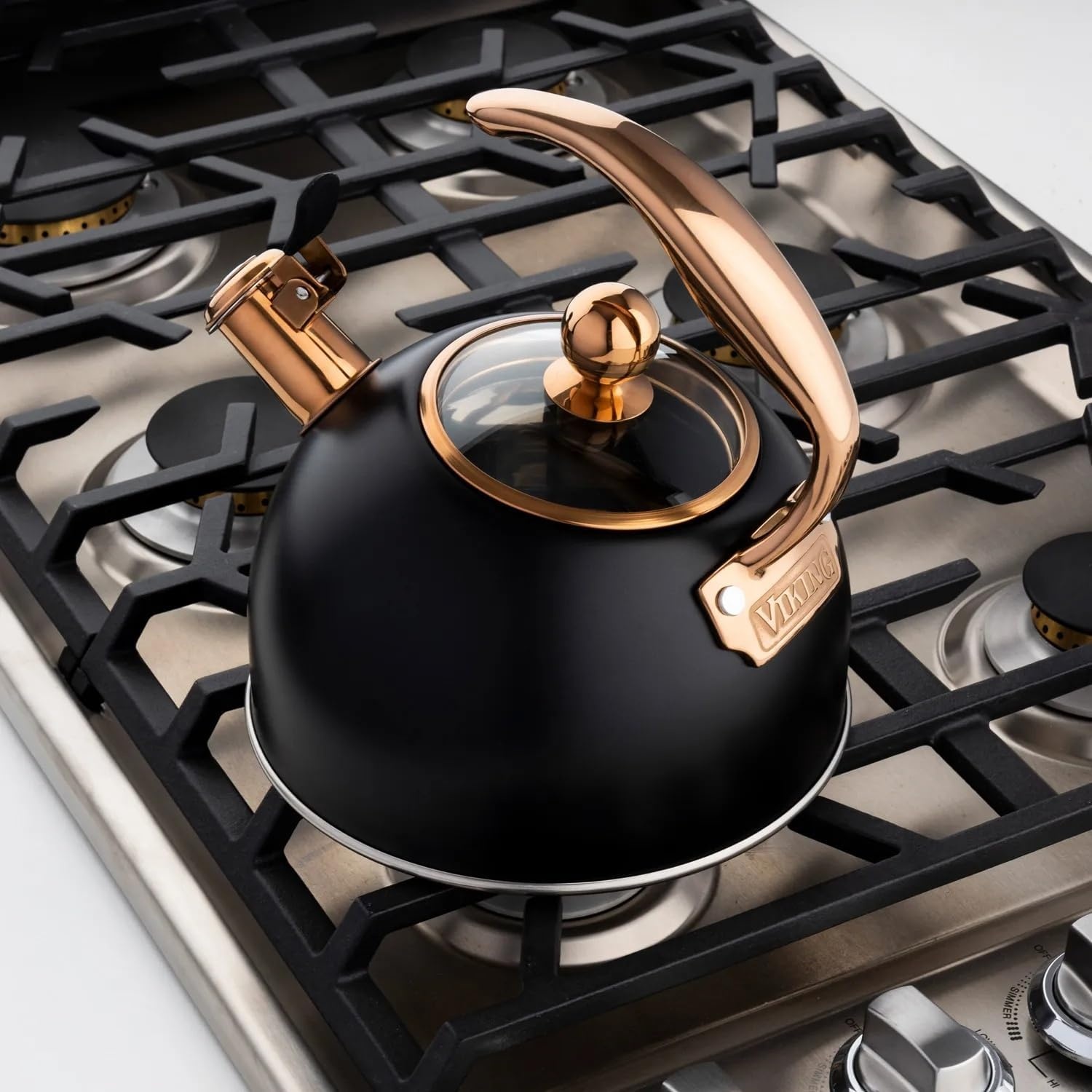 image:imageViking 3Ply Stainless Steel Tea Kettle 26 Quart Stovetop Hot Water Pot with Tempered Glass Lid Ergonomic Handle Induction Ready Slate and BlueMatte Black and Copper