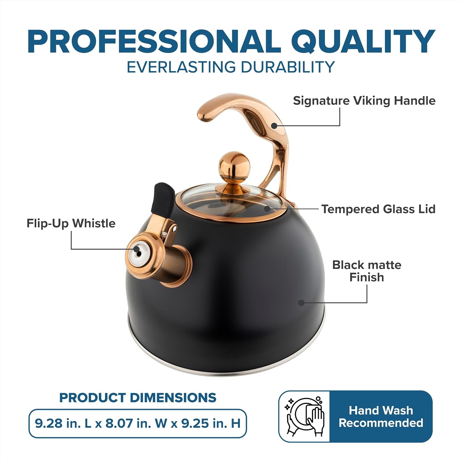 image:imageViking 3Ply Stainless Steel Tea Kettle 26 Quart Stovetop Hot Water Pot with Tempered Glass Lid Ergonomic Handle Induction Ready Slate and BlueMatte Black and Copper