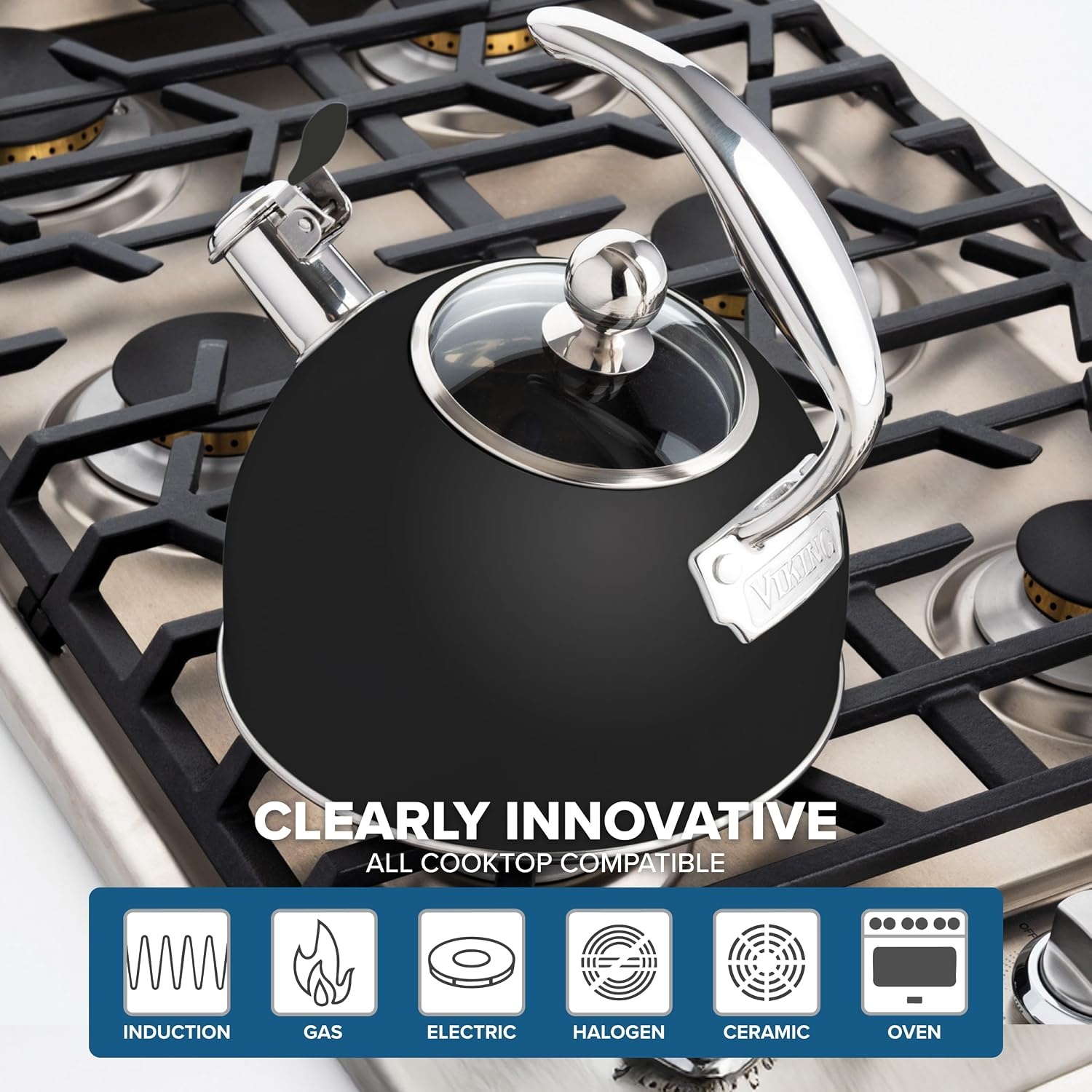 image:imageViking 3Ply Stainless Steel Tea Kettle 26 Quart Stovetop Hot Water Pot with Tempered Glass Lid Ergonomic Handle Induction Ready Slate and BlueMatte Black