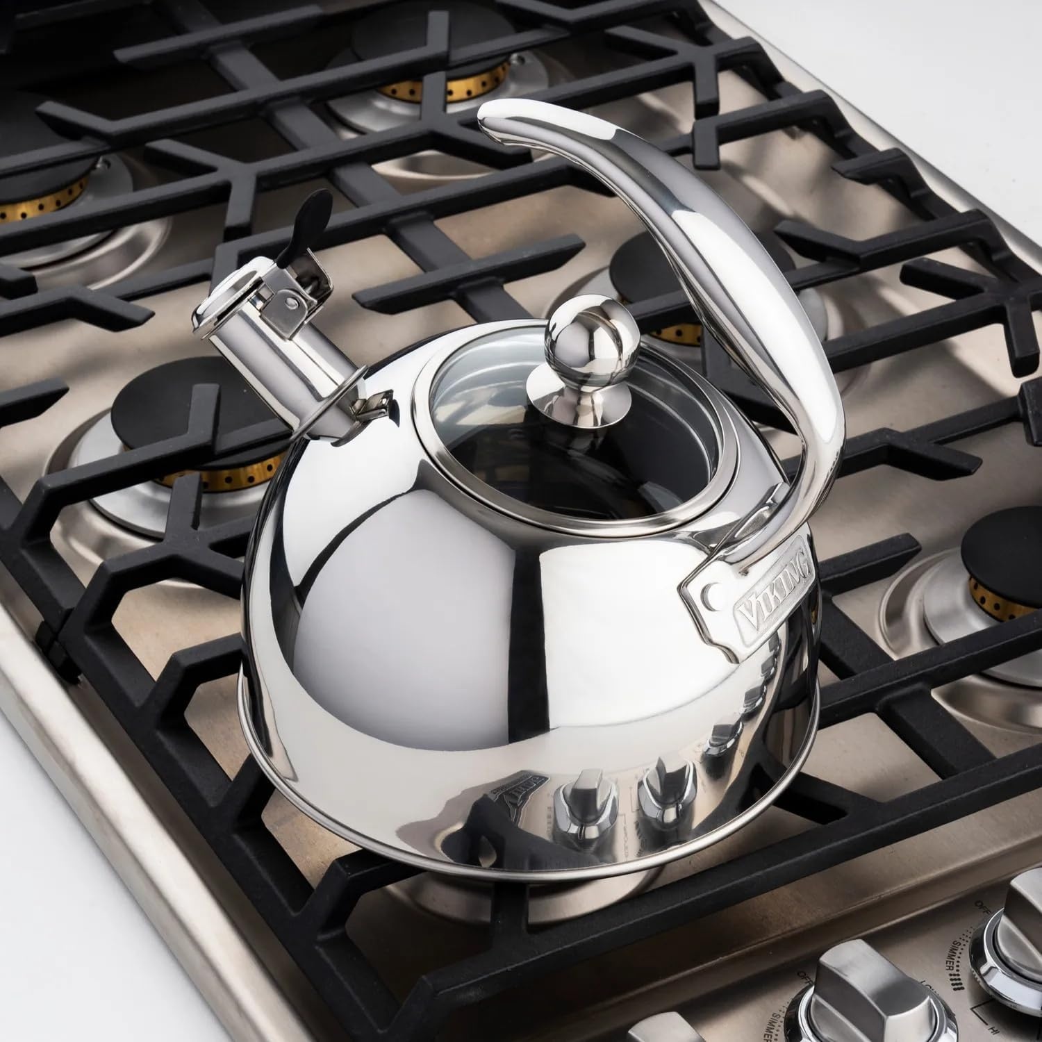 image:imageViking 3Ply Stainless Steel Tea Kettle 26 Quart Stovetop Hot Water Pot with Tempered Glass Lid Ergonomic Handle Induction Ready Slate and BlueMirror Finish