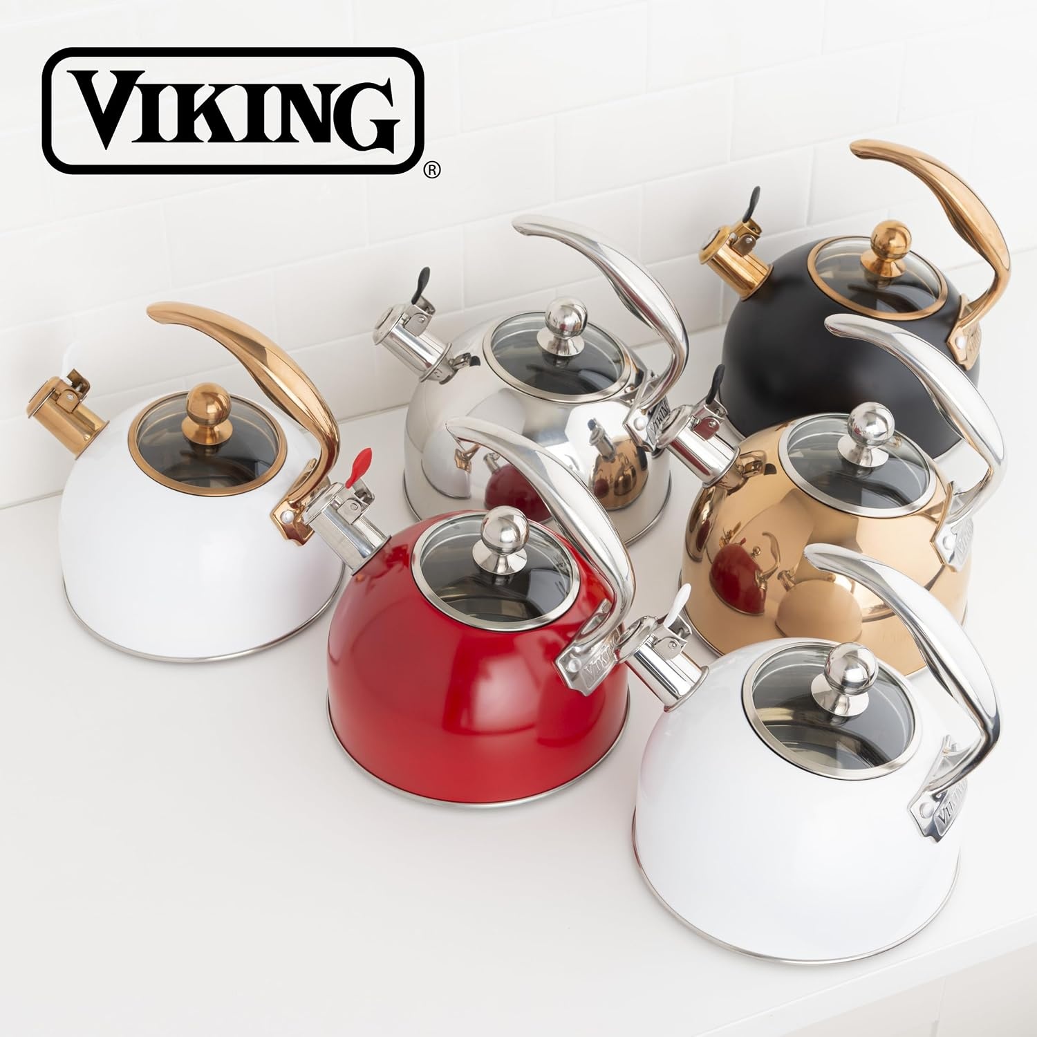 image:imageViking 3Ply Stainless Steel Tea Kettle 26 Quart Stovetop Hot Water Pot with Tempered Glass Lid Ergonomic Handle Induction Ready Slate and BlueRose Gold
