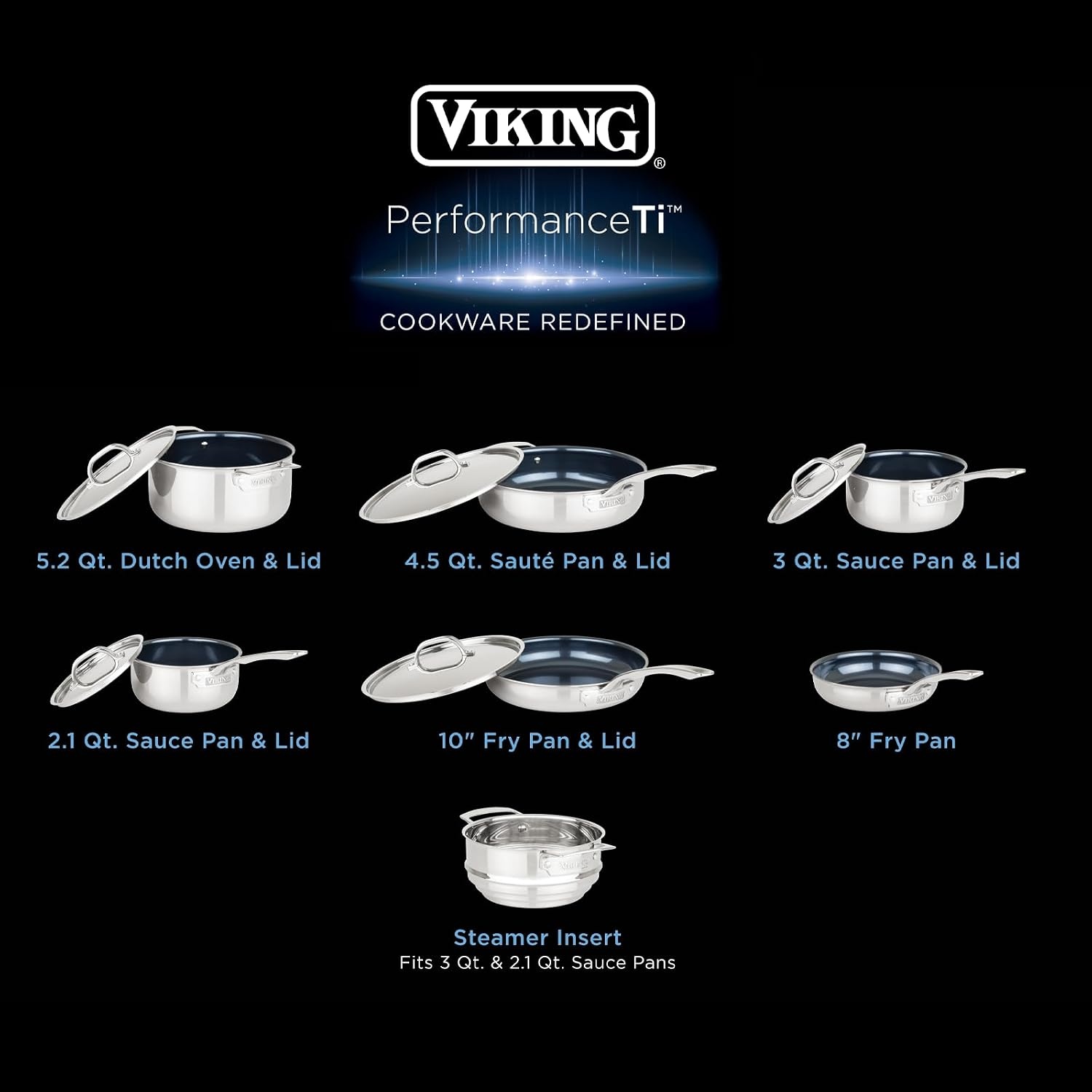 image:imageViking 4Ply Dutch Oven 5 Quart Laser Clad Titanium Performance Ti Cookware Pot with Lid Dishwasher and Oven Safe Induction Ready BlueSilver12Piece Set