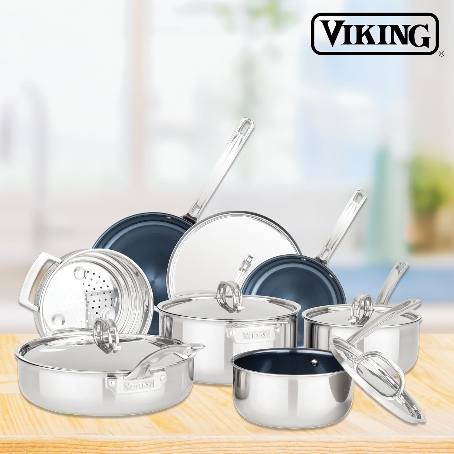 image:imageViking 4Ply Frying Pans 2Piece Laser Clad Titanium Performance Ti 95 and 11 Inch BlueSIlver2Piece Set 95 Inch and 11 Inch