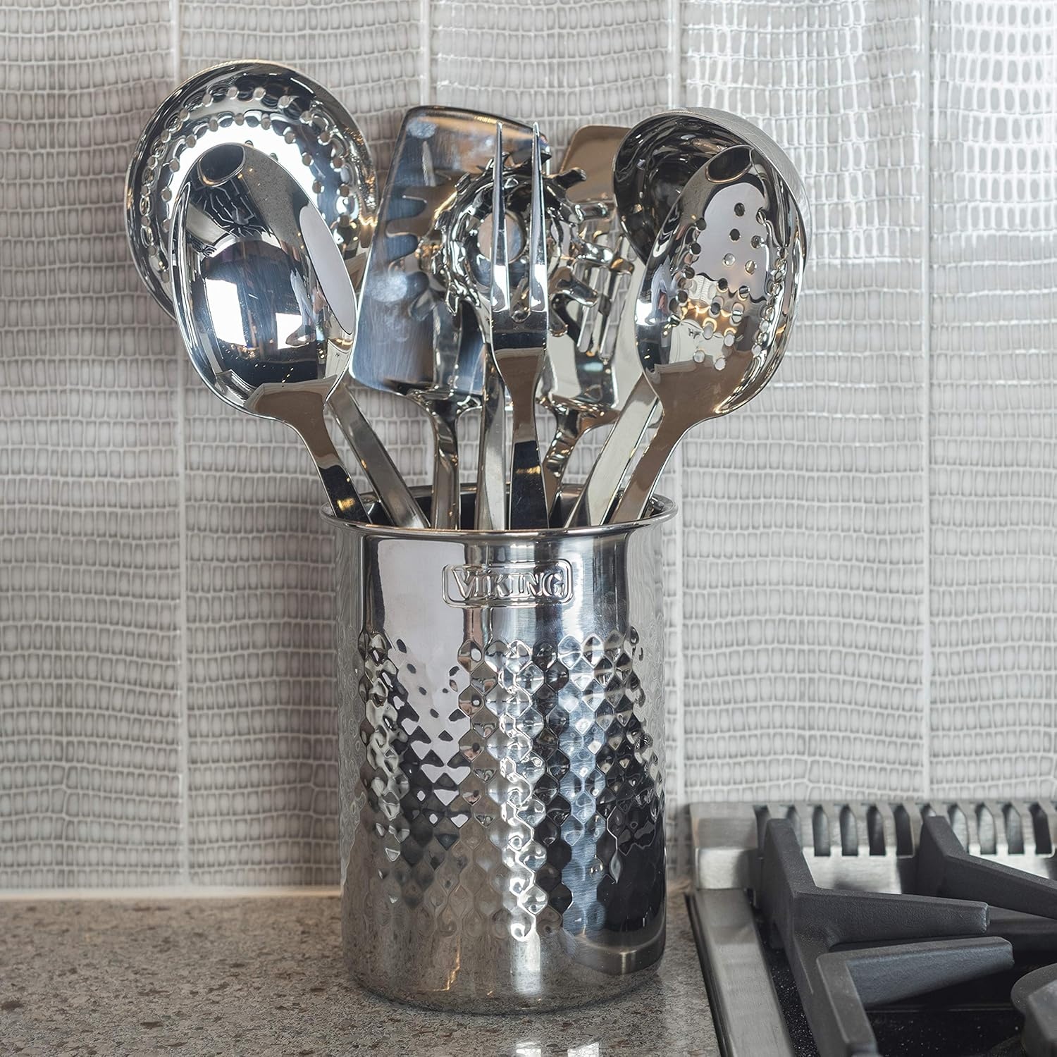 image:imageViking Kitchen Utensils Set 6 Piece Stainless Steel Cooking Utensil Set Includes Spatulas Spoons Pasta Fork and Deep Ladle Hollow Forged SilverUtensil Holder