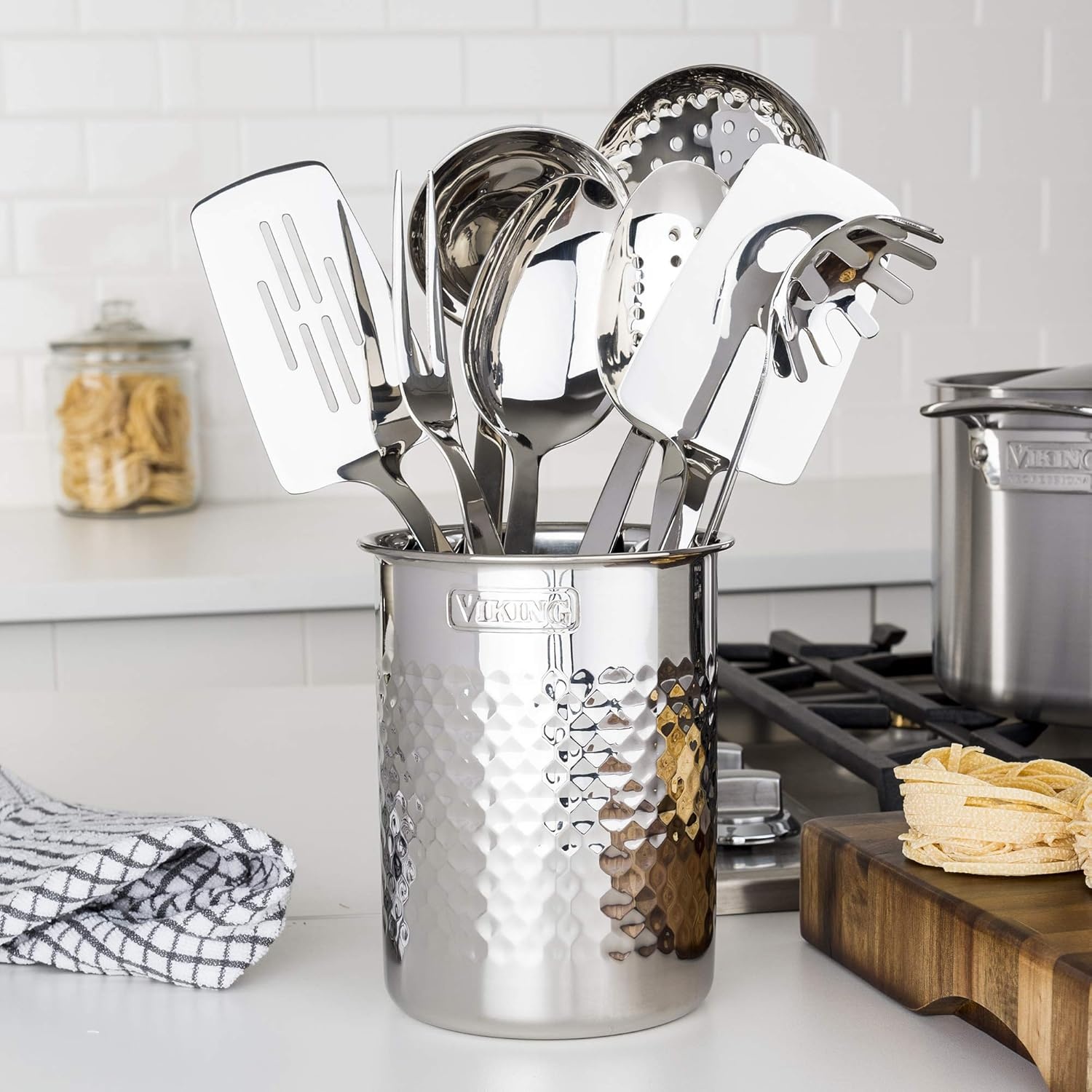 image:imageViking Kitchen Utensils Set 6 Piece Stainless Steel Cooking Utensil Set Includes Spatulas Spoons Pasta Fork and Deep Ladle Hollow Forged SilverUtensil Holder