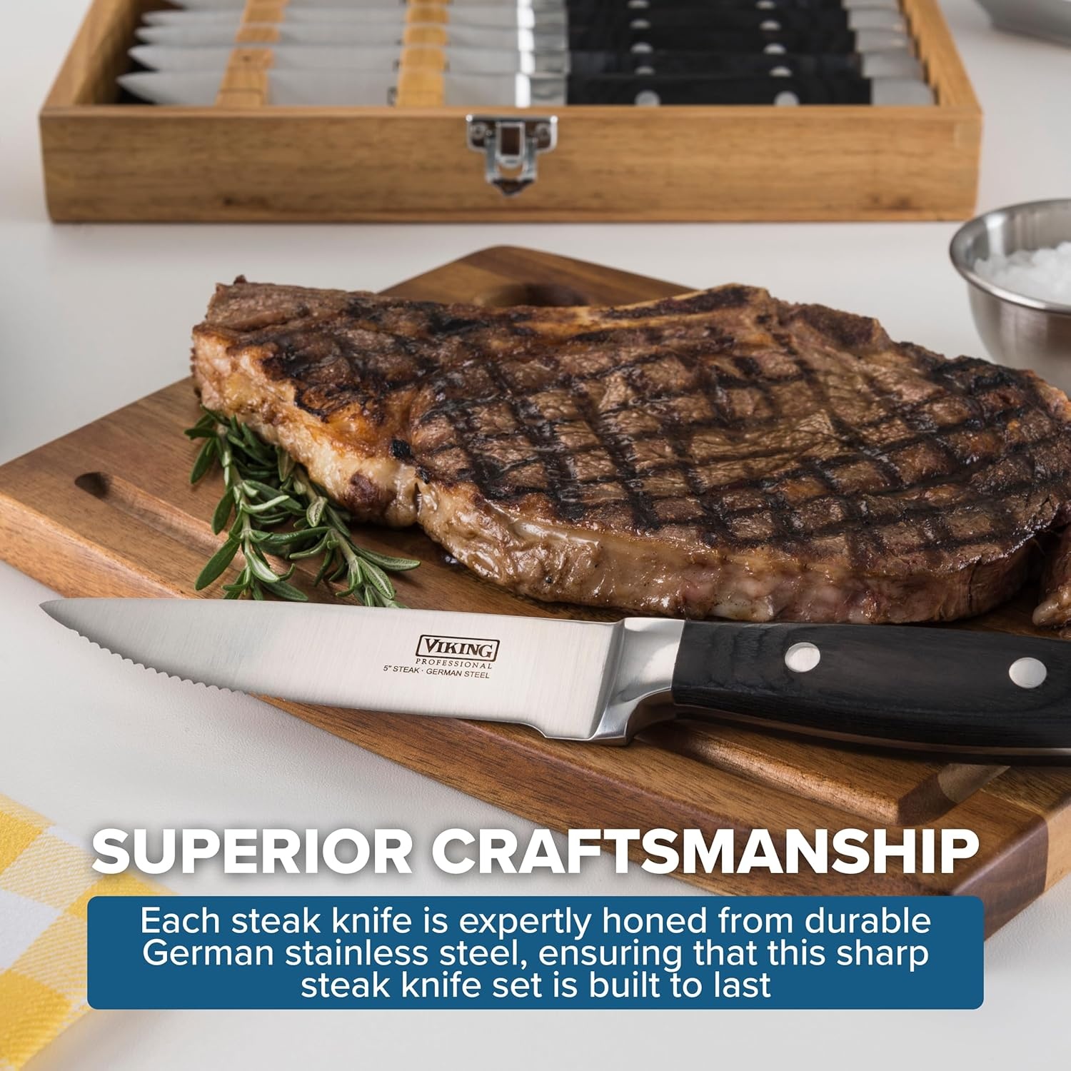 image:imageViking Steak Knife Set 6Piece German Stainless Steel Knives with Pakkawood Handles and Wooden Box Hand Wash Only RedBlack