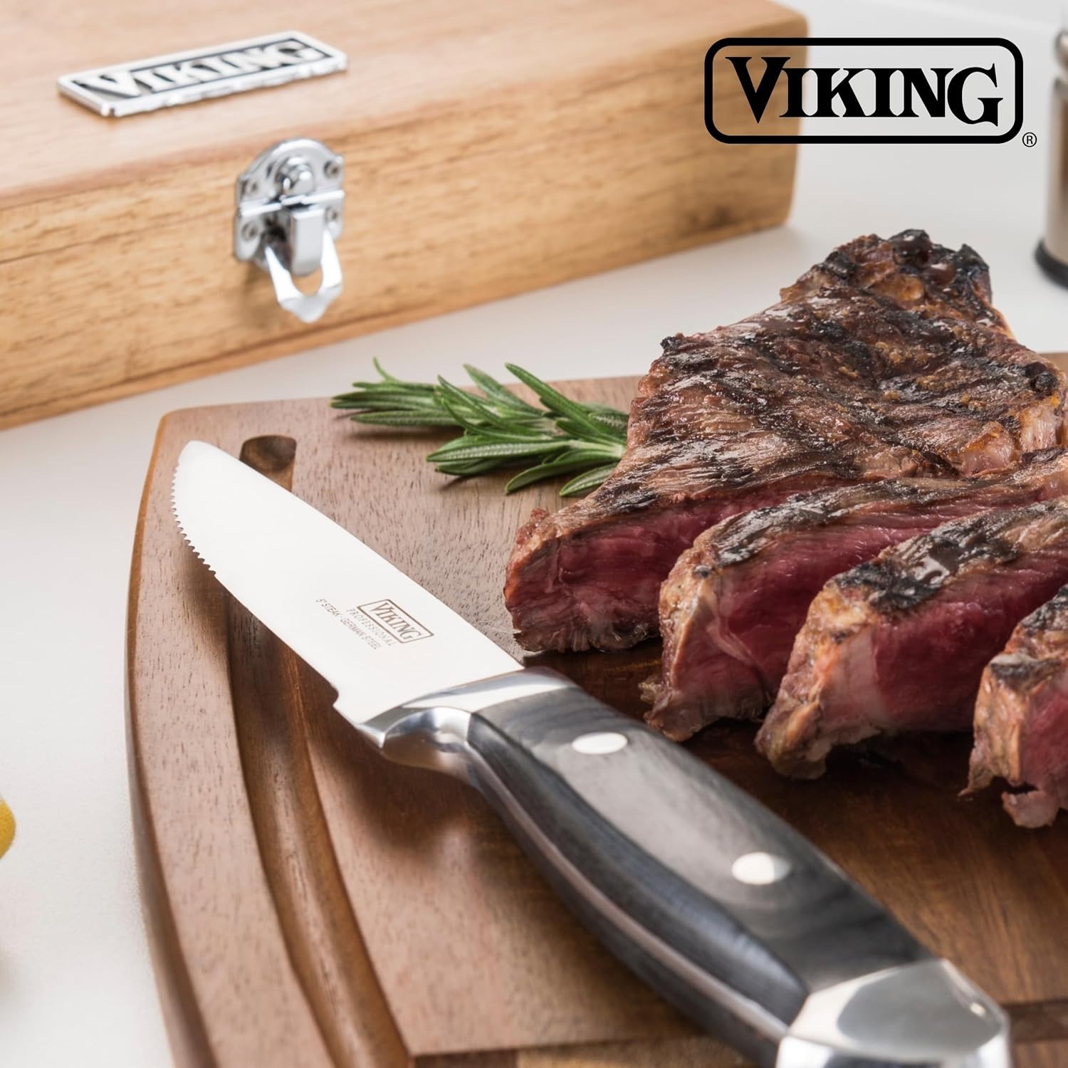 image:imageViking Steak Knife Set 6Piece German Stainless Steel Knives with Pakkawood Handles and Wooden Box Hand Wash Only RedBlack
