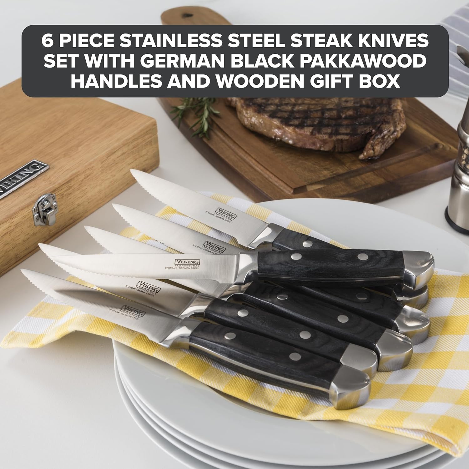 image:imageViking Steak Knife Set 6Piece German Stainless Steel Knives with Pakkawood Handles and Wooden Box Hand Wash Only RedBlack